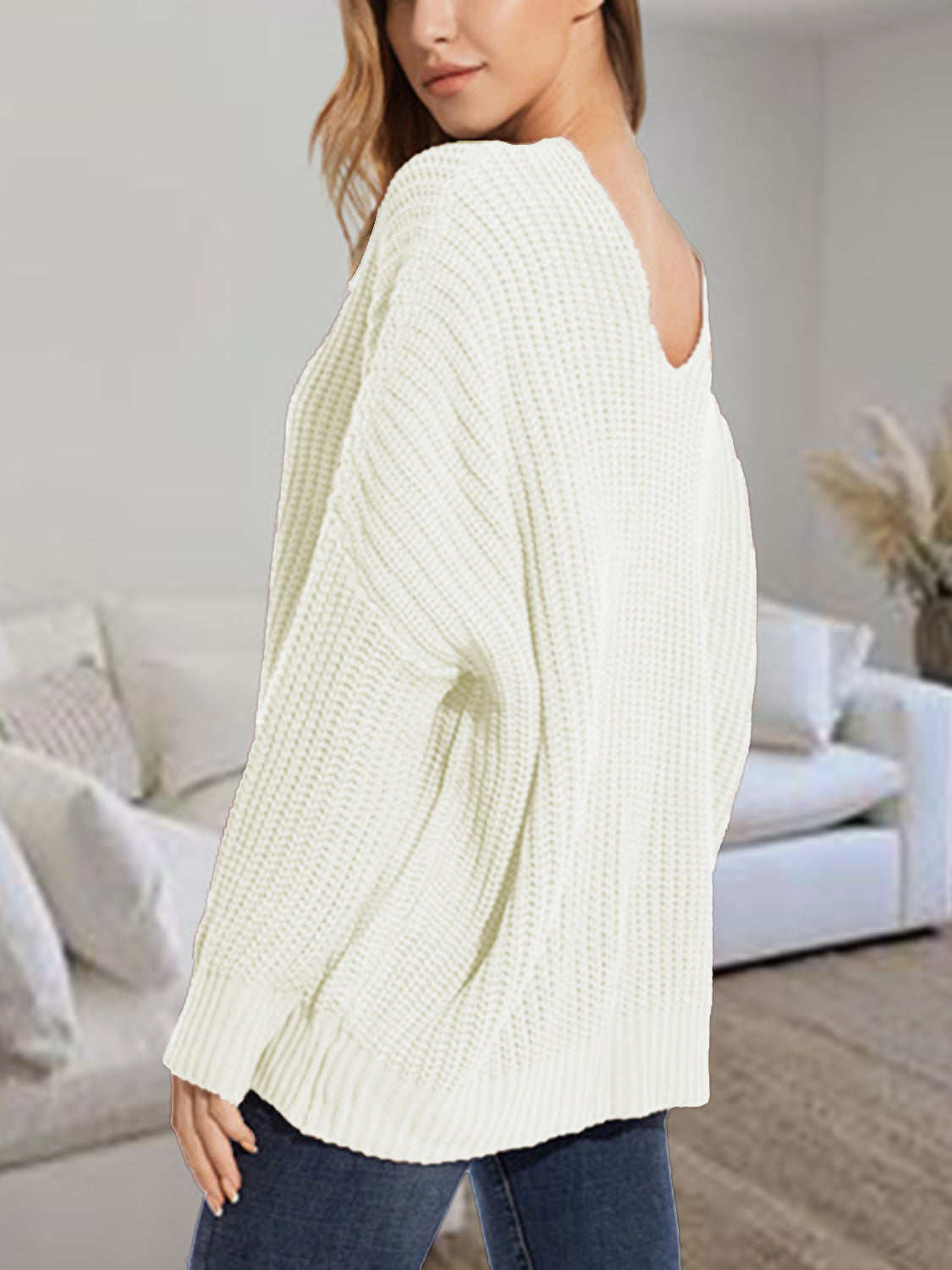 V-Neck Batwing Dropped Shoulder Sweater, view 6