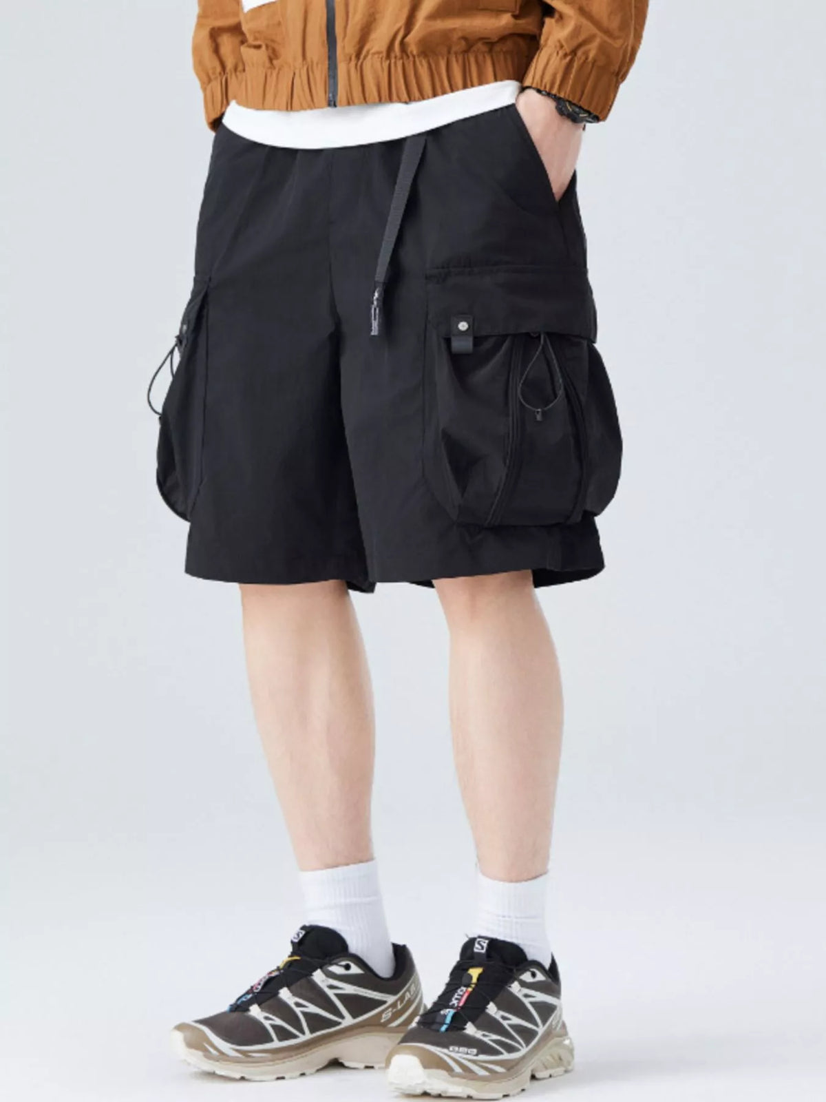 Men's Plus Size Cargo Shorts with Drawstring in Black