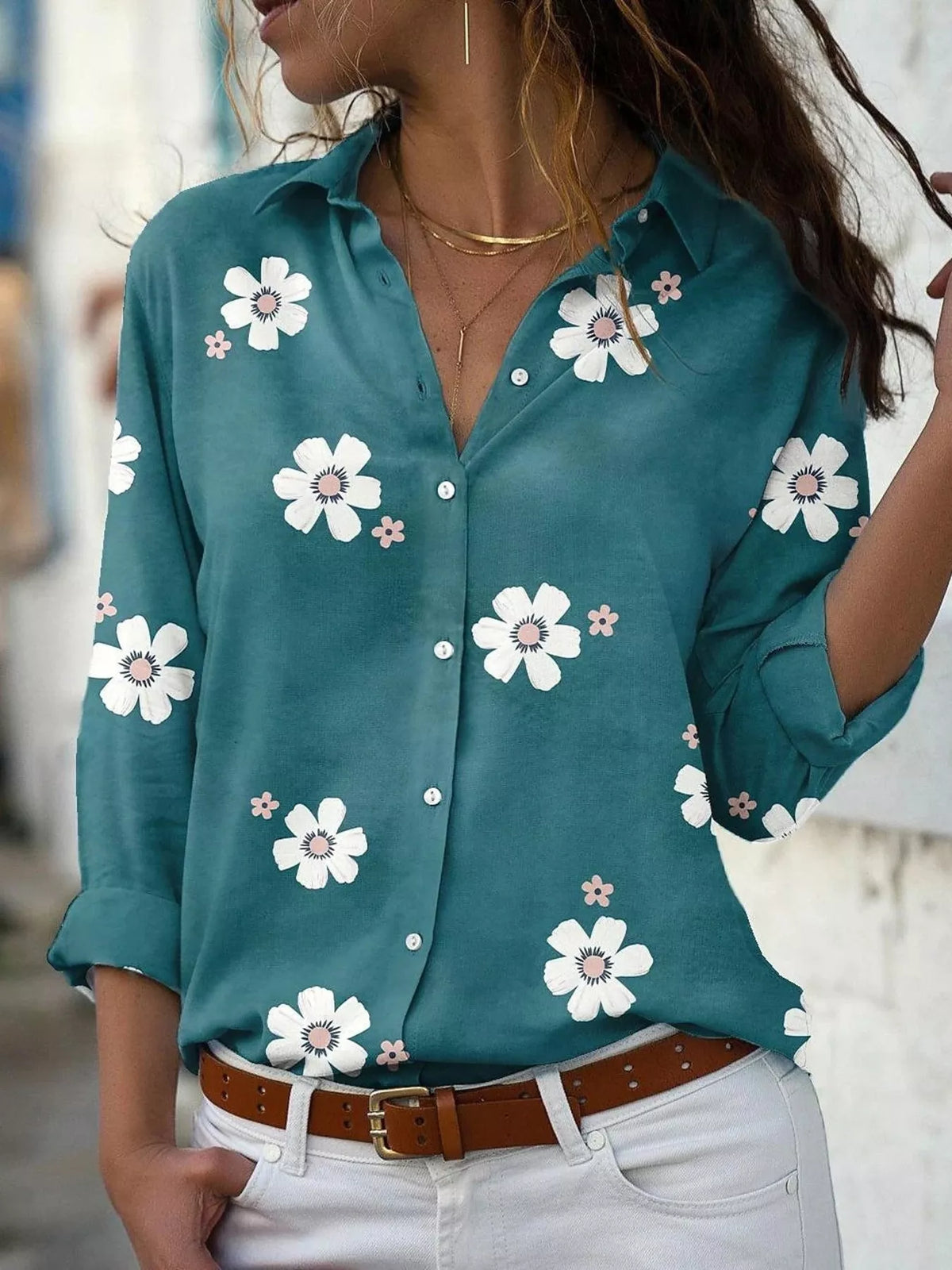 Full Size Floral Print Button-Down Casual Shirt Plus Size