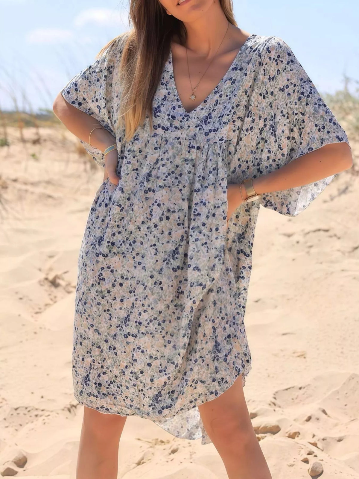 Plus Size Floral Print V-Neck Loose Fit Dress
