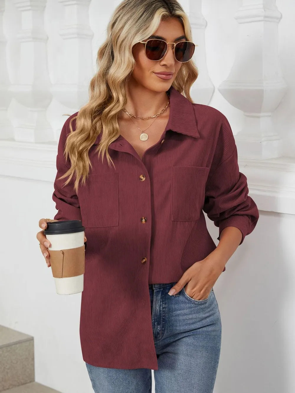 Button Up Dropped Shoulder Long Sleeve Outerwear - Lilixa.store