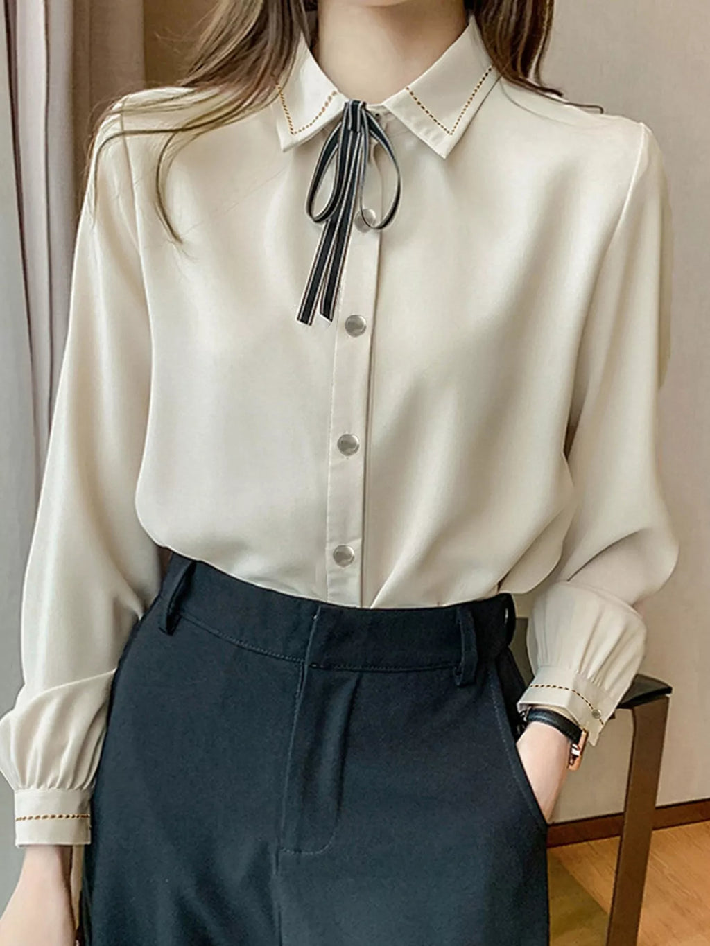 Bow Tie Long-Sleeve Shirt - Lilixa.store