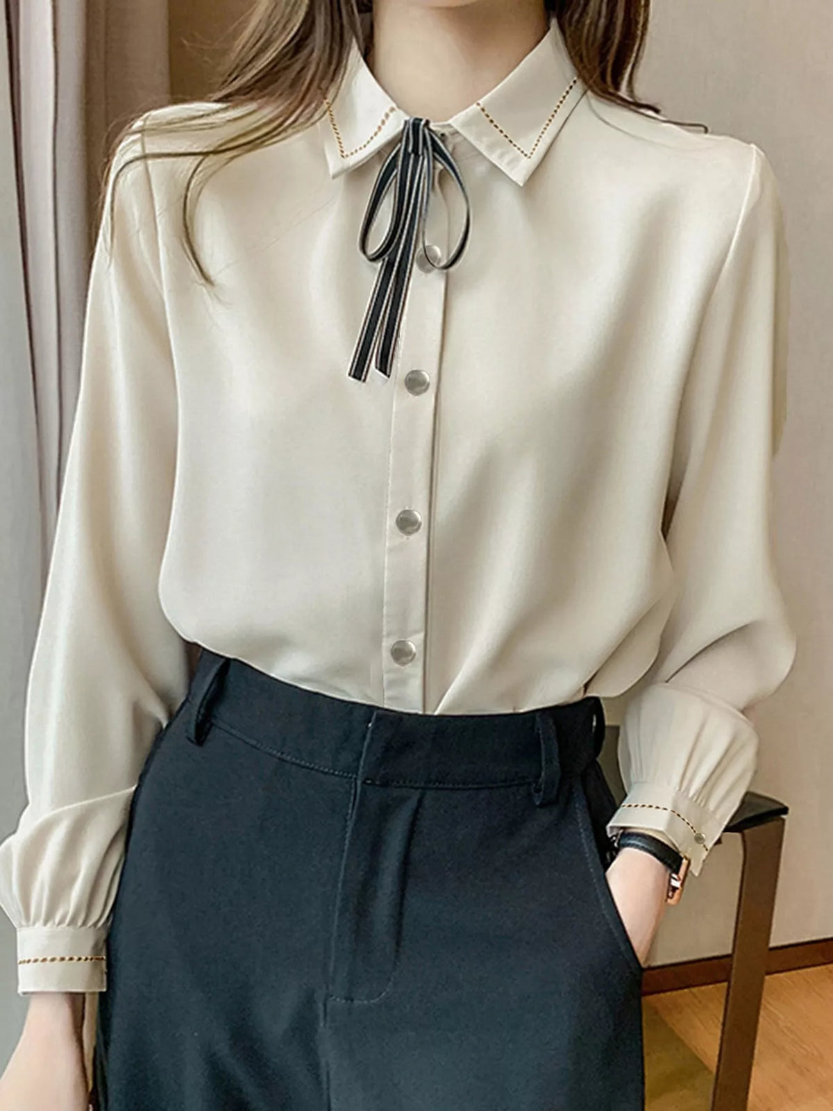 Bow Tie Long-Sleeve Shirt - Lilixa.store