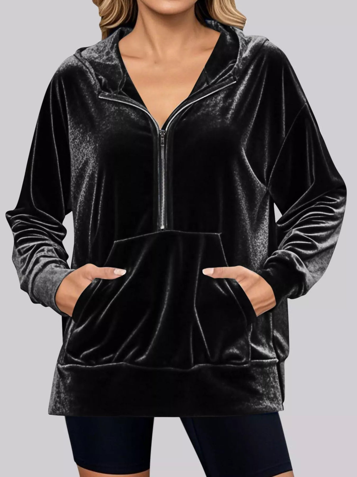 Full Size Velvet Half Zip Hoodie with Kangaroo Pocket Plus Size - Lilixa.store