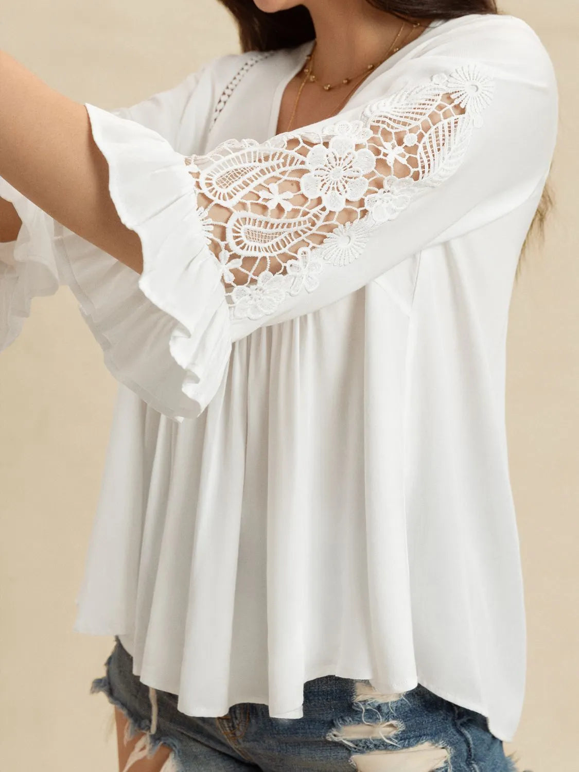 V-Neck Lace Flounce Sleeve Top - Lilixa.store