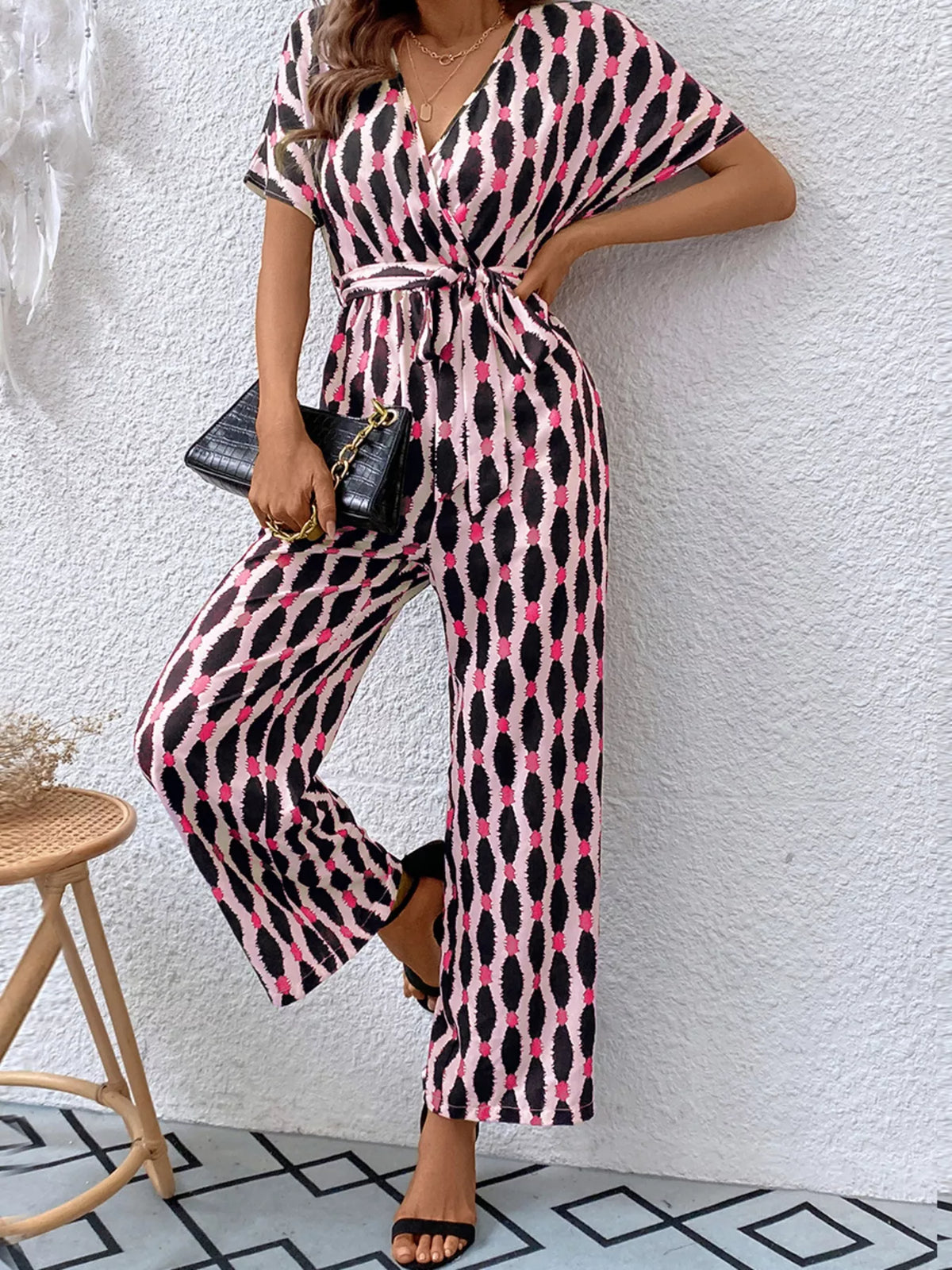 Printed Surplice Tie Waist Short Sleeve Jumpsuit - Lilixa.store