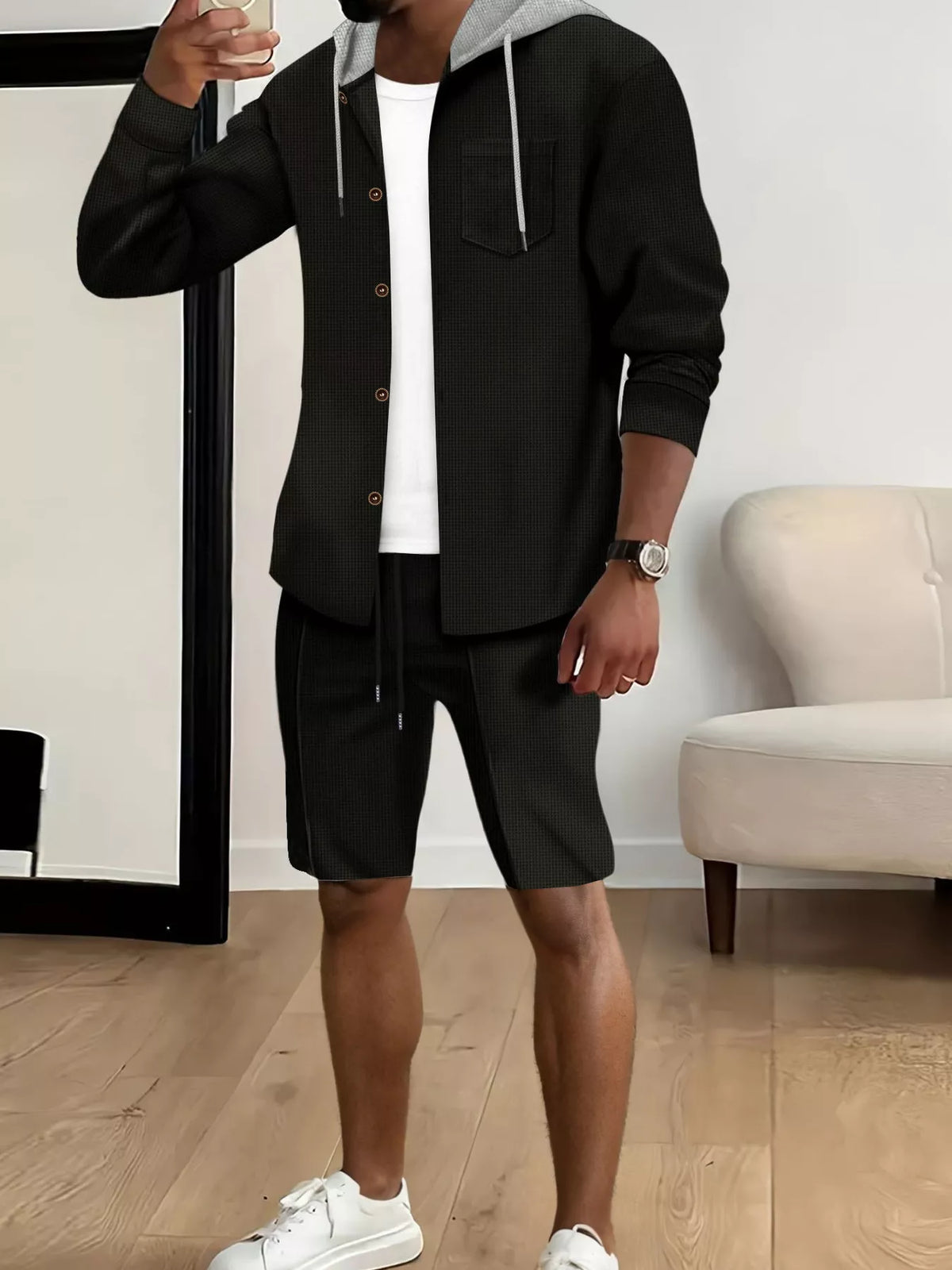 Men's Full Size Casual Hooded Button-Up Top and Shorts Set Plus Size - Lilixa.store