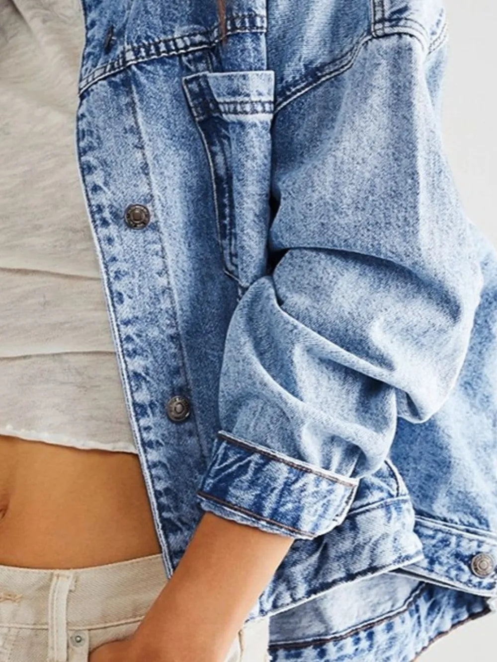 Pocketed Button Up Denim Jacket in Light Blue, view 12