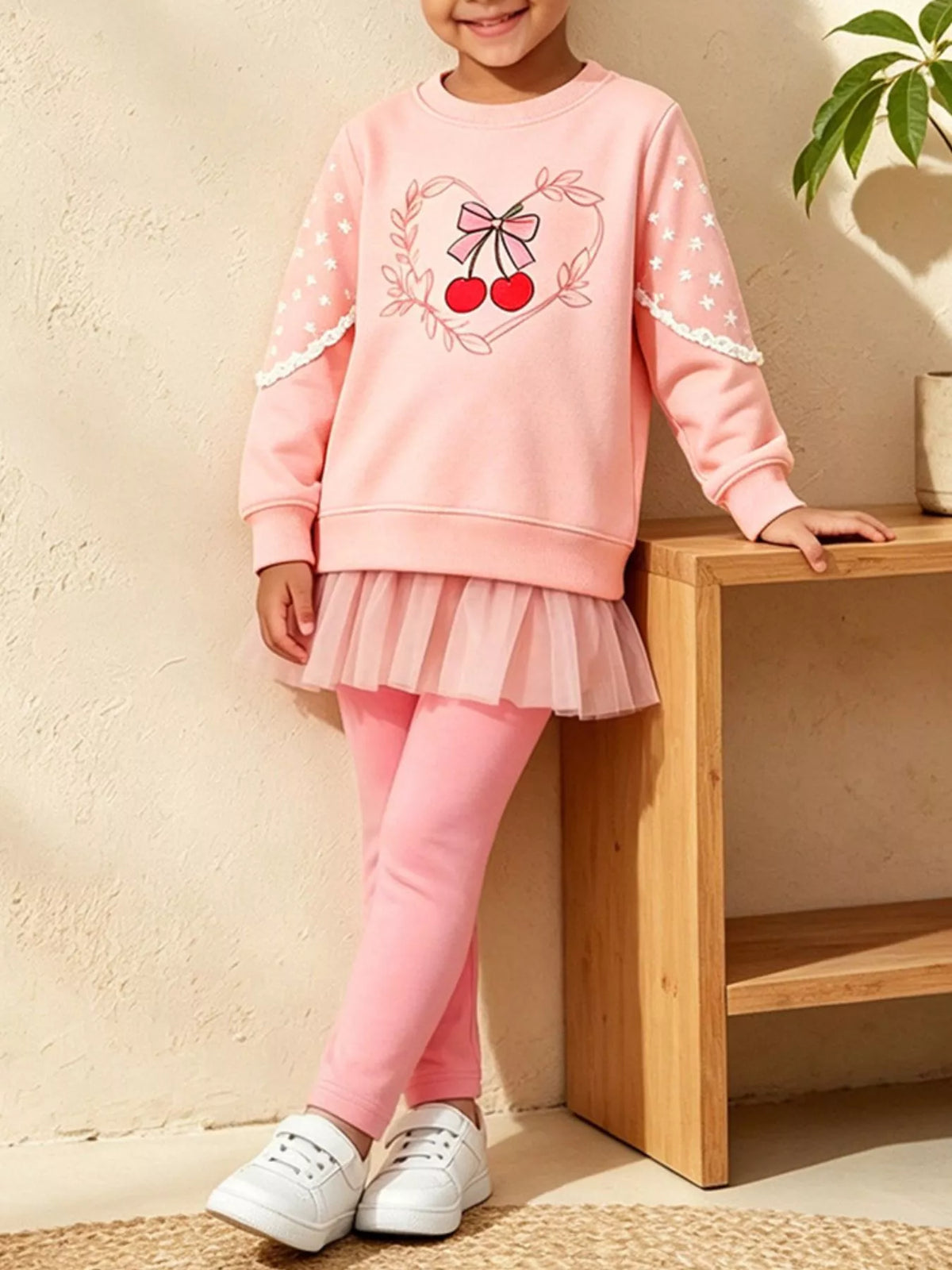 Children's Cherry Graphic Tulle Sweatshirt and Leggings Set in Blush Pink, view 2