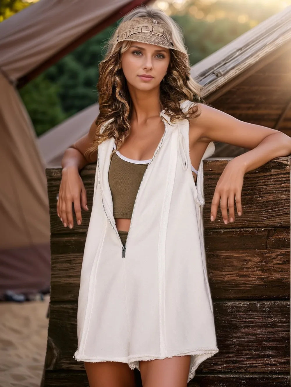 Half Zipped Hooded Sleeveless Romper - Lilixa.store