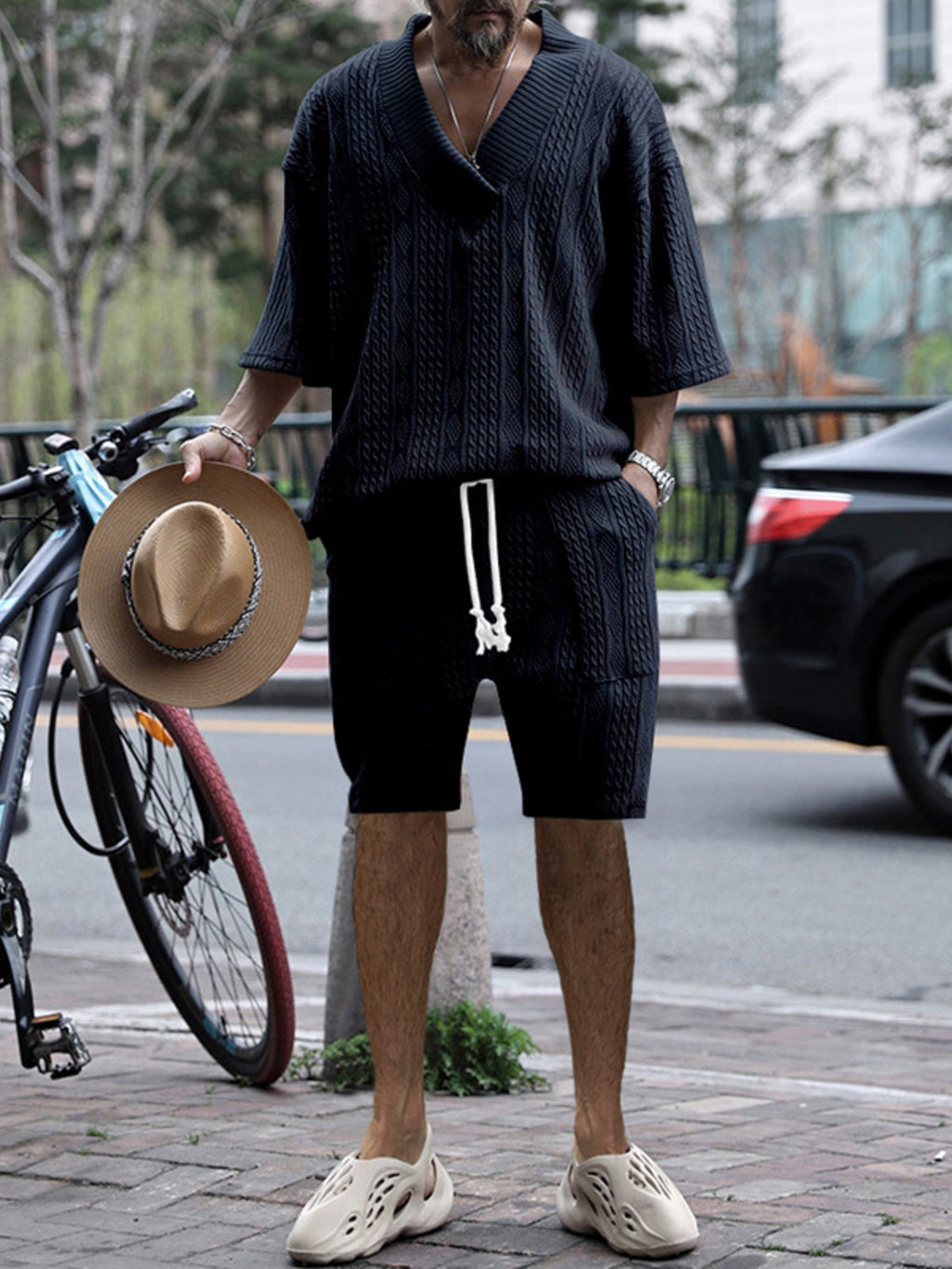 Men's Full Size Casual Knit V-Neck Short Sleeve Top and Shorts Set Plus Size - Lilixa.store