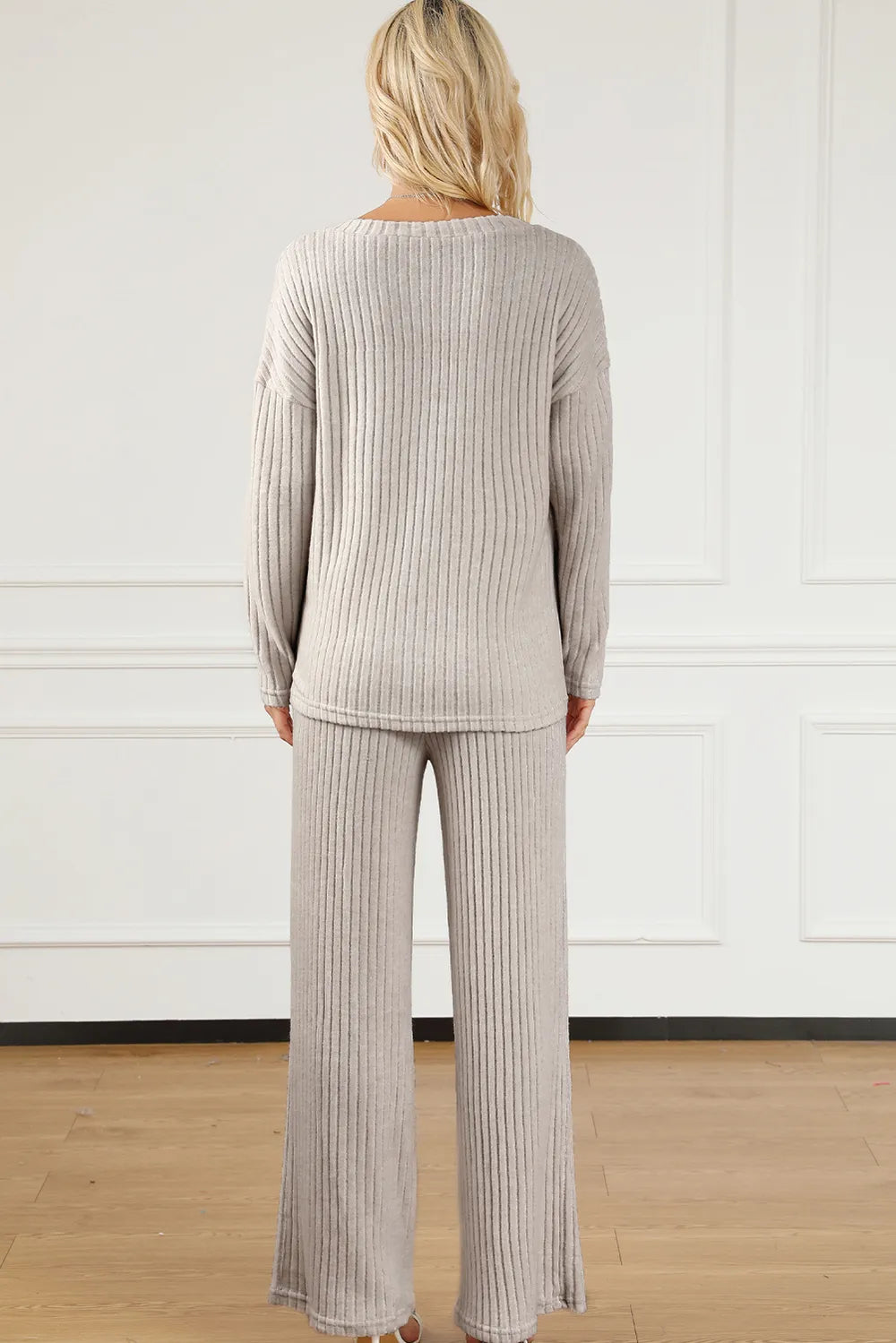 Ribbed V-Neck Top and Pants Lounge Set - Lilixa.store