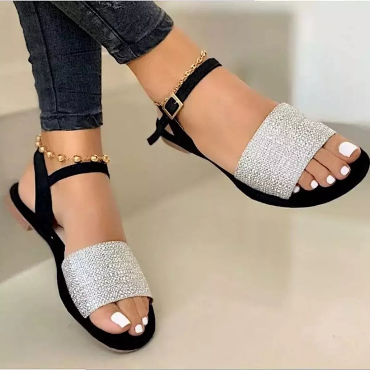 Open Toe Ankle-Strap Flat Sandals in Silver