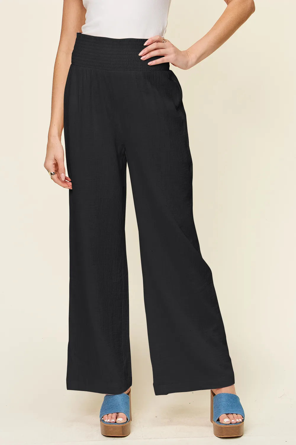 Double Take Full Size Texture Smocked Waist Wide Leg Pants - Lilixa.store