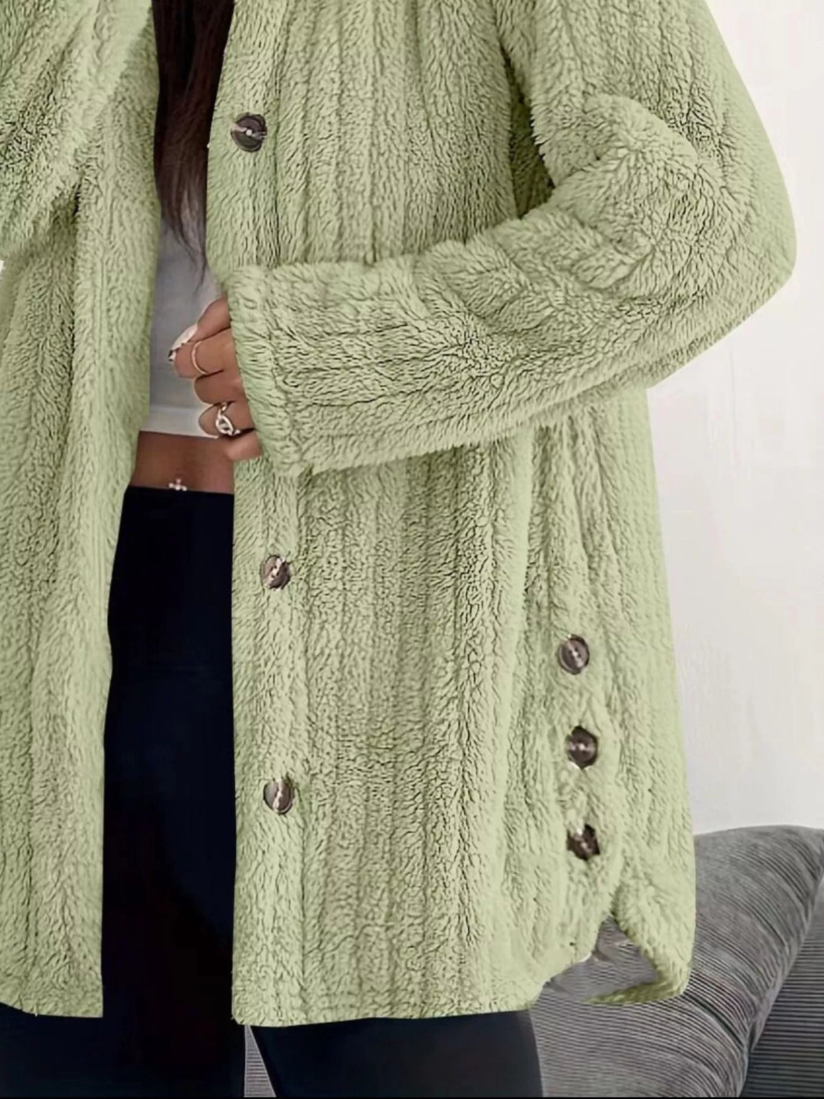Full Size Fleece Button Up Hooded Outerwear Plus Size, view 8
