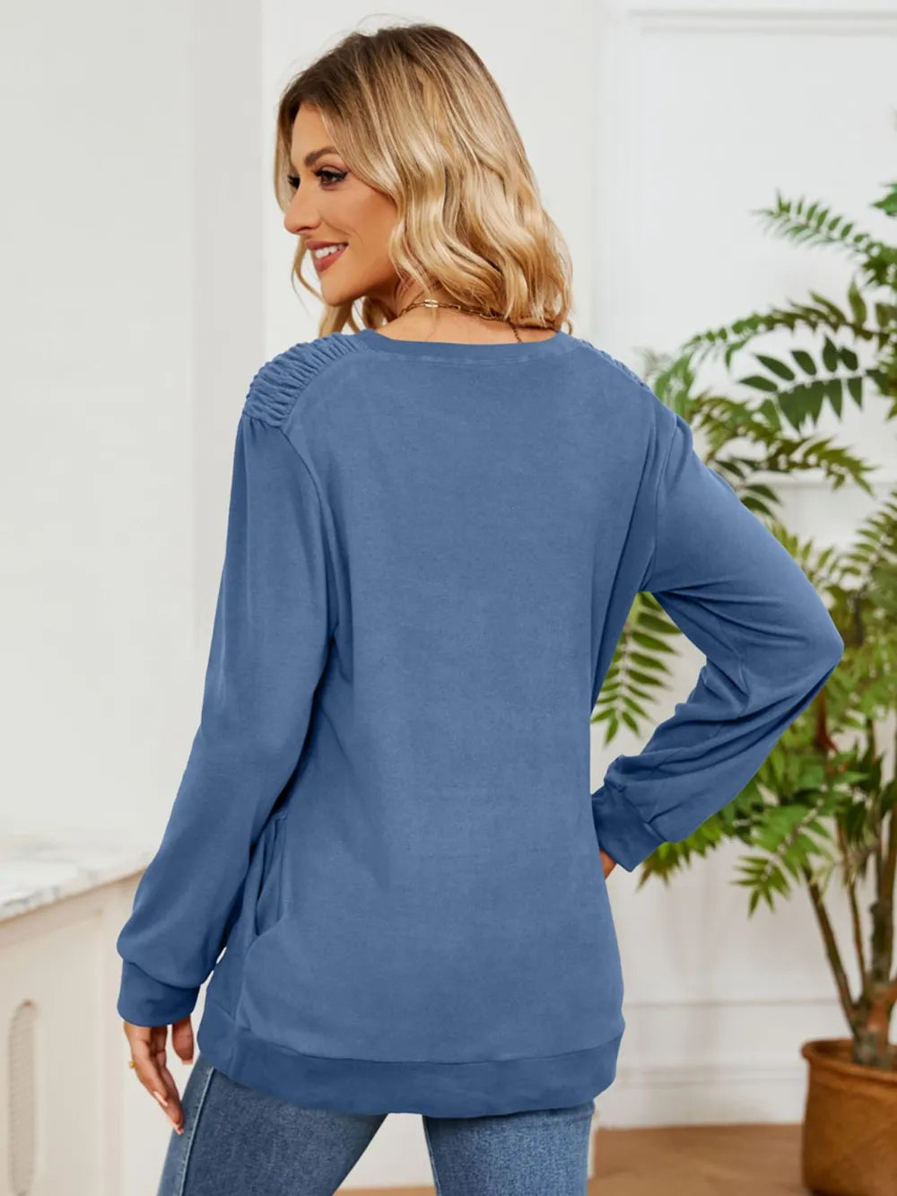Ruched Shoulder Round Neck Long Sleeve Sweatshirt - Lilixa.store