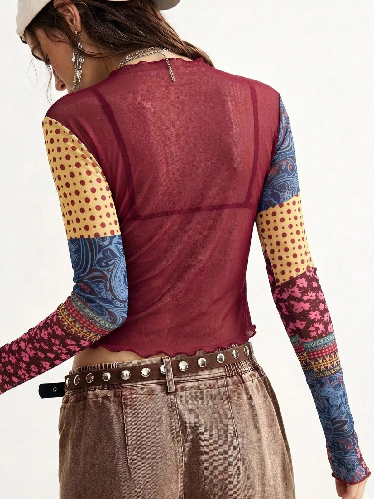 Floral Print Mesh Mock Neck Long Sleeve Top, view 2