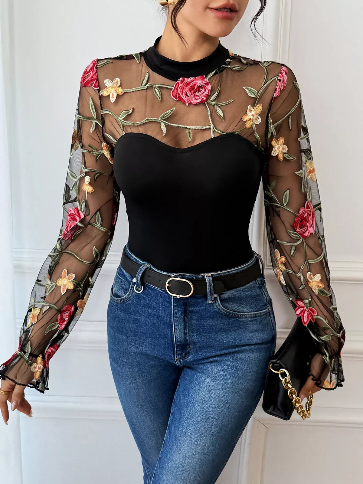 Floral Embroidered Mesh Long Sleeve Bodysuit - Lilixa.store