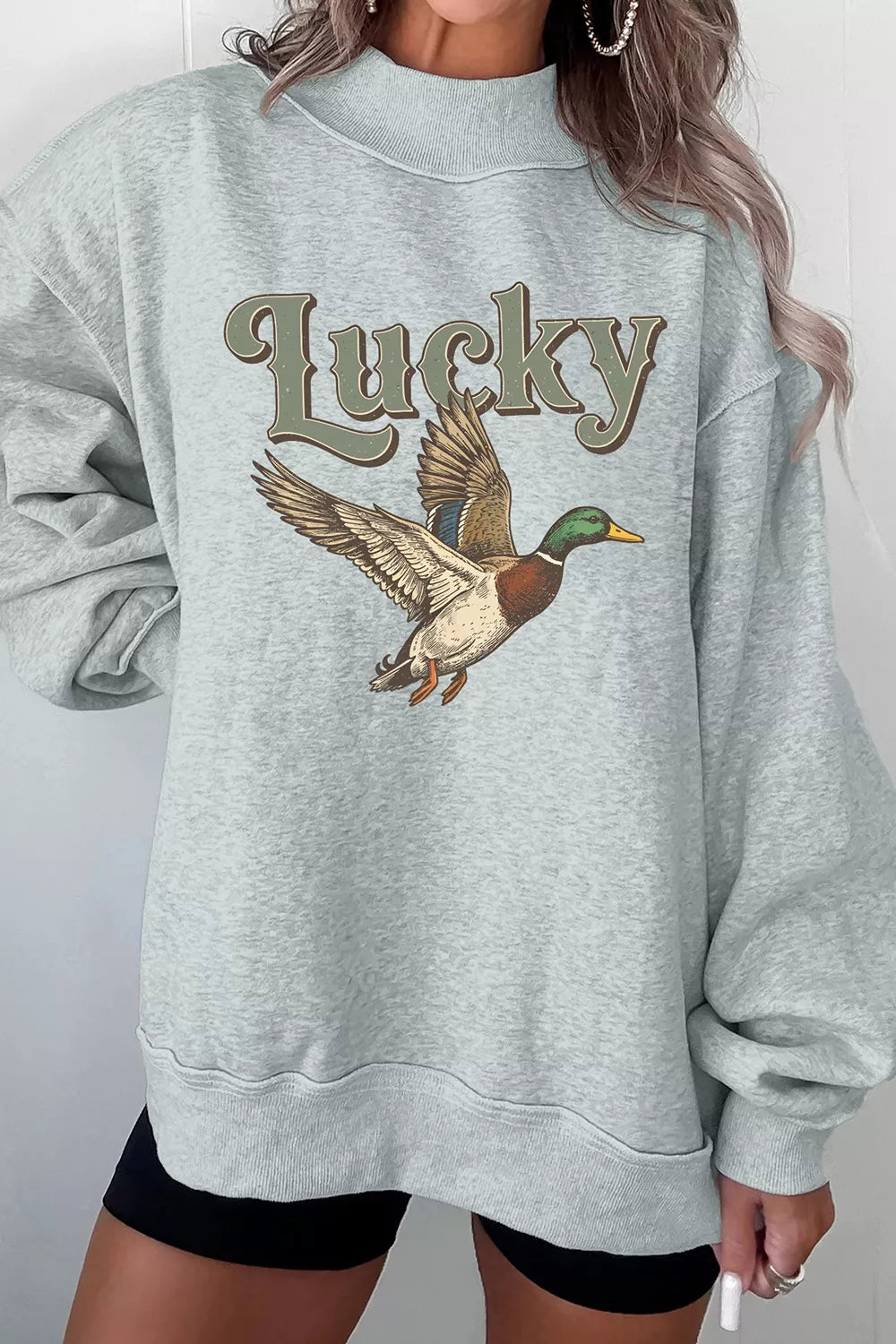 Lucky Mallard Graphic Mock Neck Casual Sweatshirt in Gray