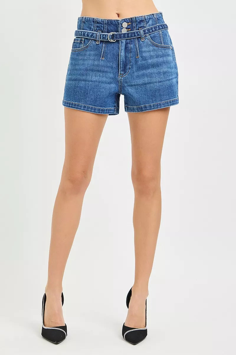 RISEN Double Button Slouchy Denim Shorts with Belt, view 5