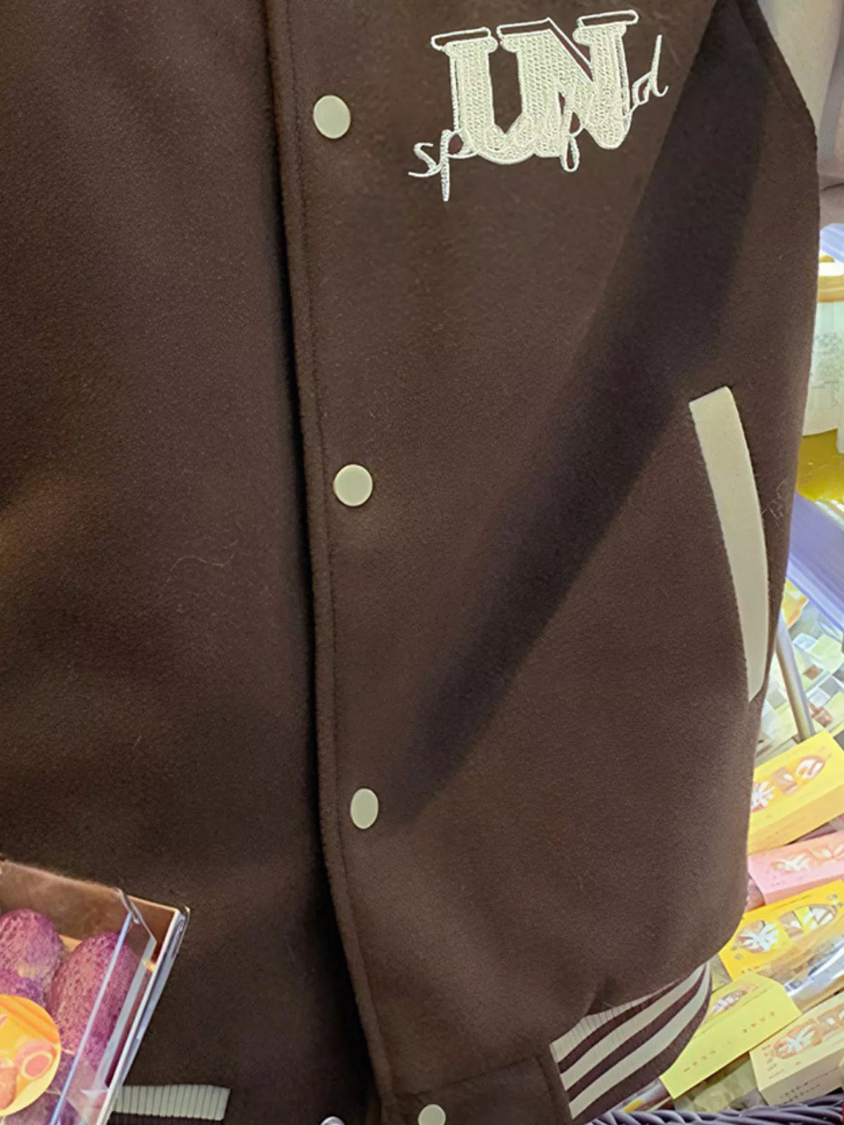 Color Block Snap Down Baseball Jacket in Brown, view 3