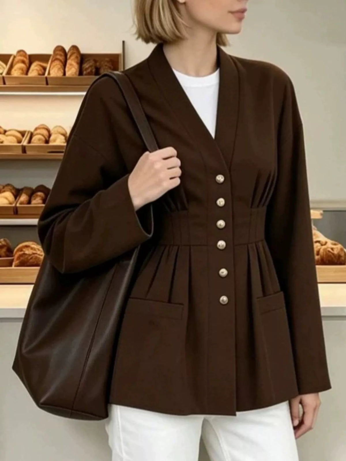 Pleated Waist Blouse with Button Detail, view 3