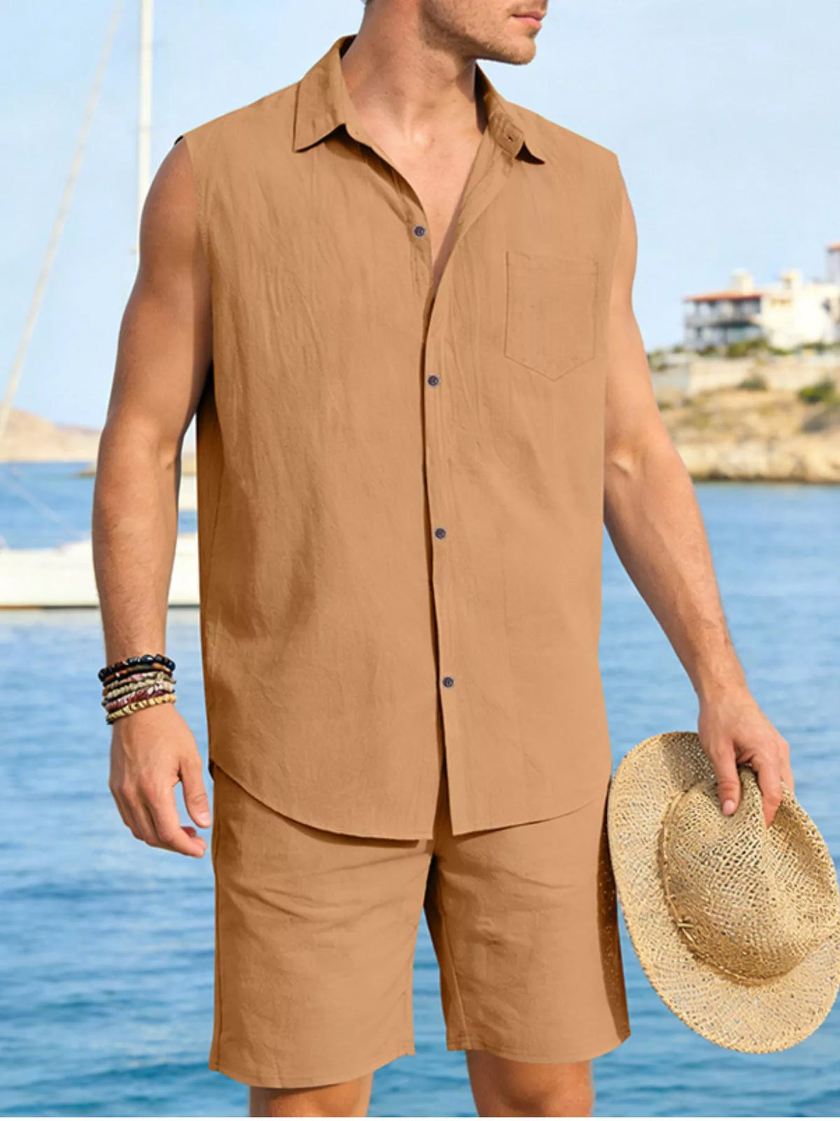 Men's Full Size Button Up Sleeveless Top and Shorts Plus Size - Lilixa.store