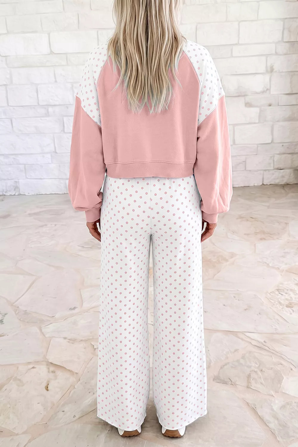 Polka Dot Cropped Sweatshirt and Wide-Leg Pants Set - Lilixa.store