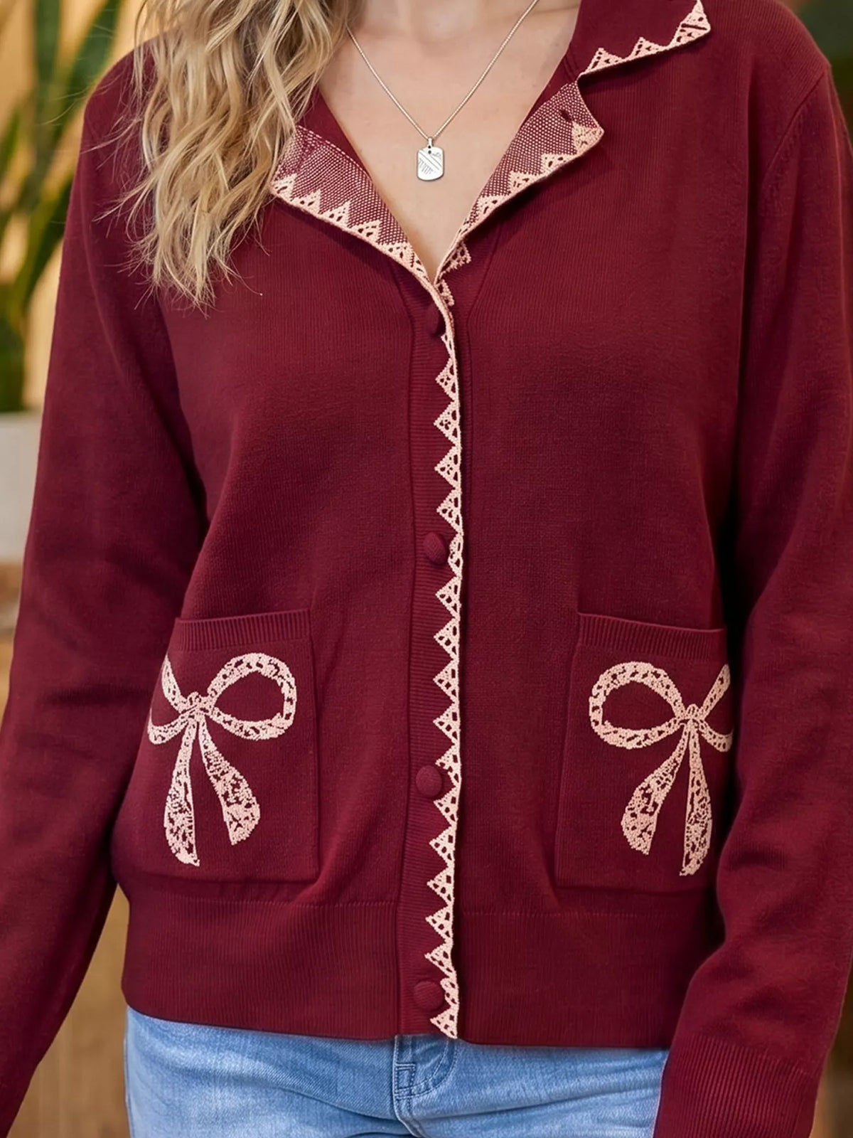 Bow Pocket Collar Long Sleeve Knit Cardigan - Lilixa.store
