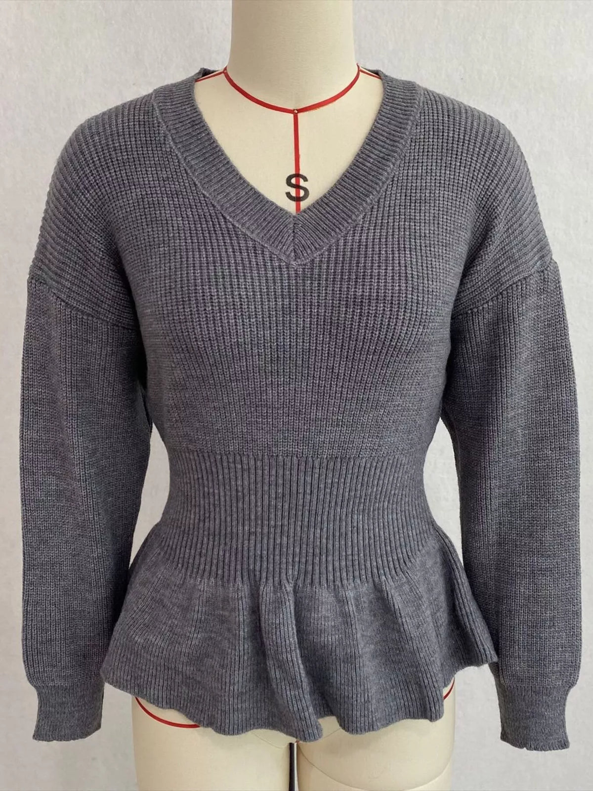 V-Neck Peplum Hem Ribbed Knit Top, view 22