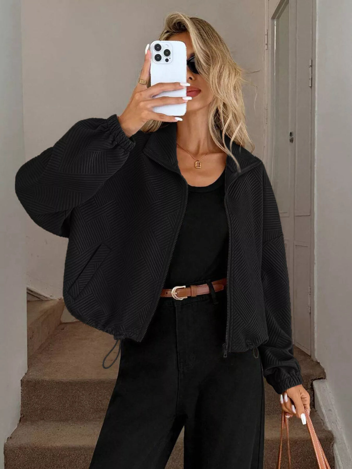 Drawstring Hem Textured Long Sleeve Jacket, view 11