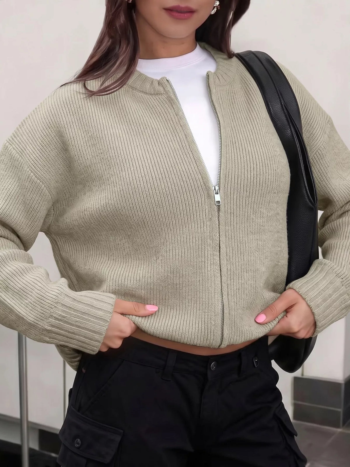 Zip-Up Dropped Shoulder Cardigan in Khaki, view 3