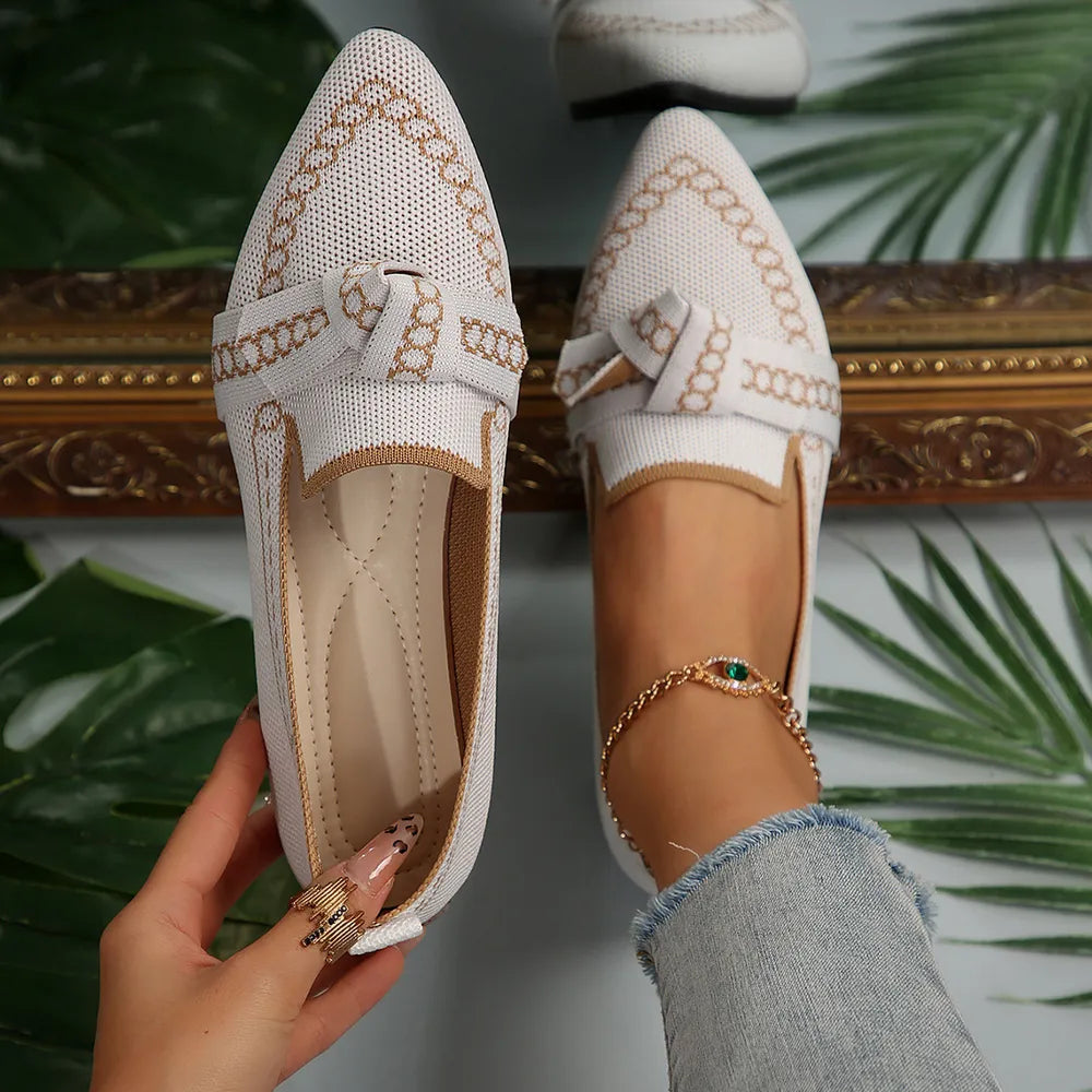 knitted Slip-On Flats with Bow in White
