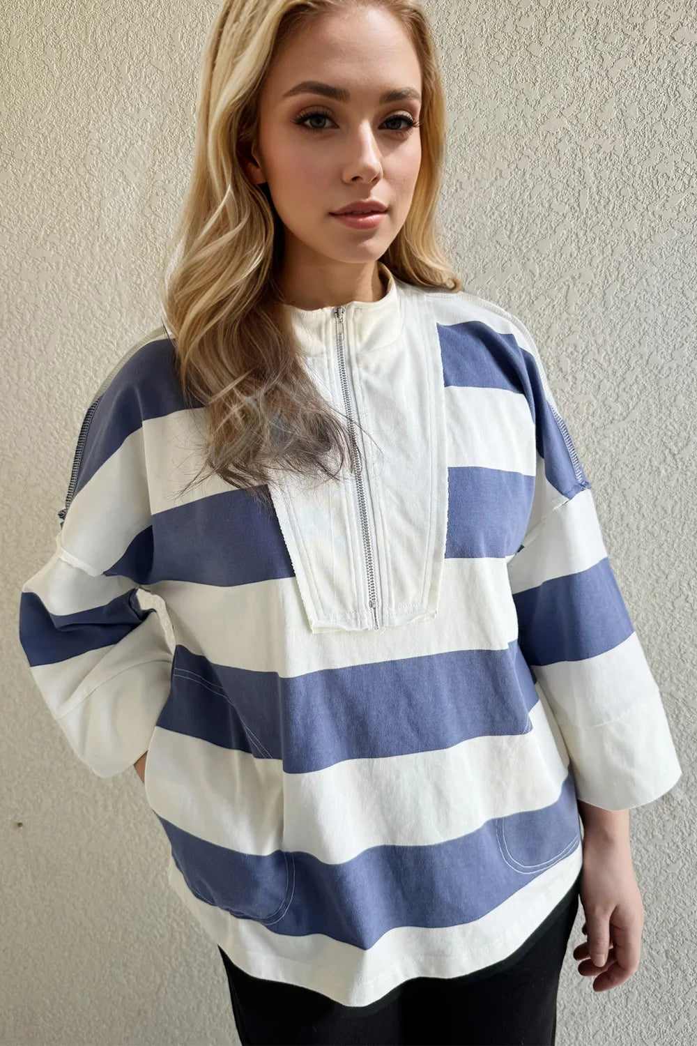 Oh Pima Cotton Wash Striped Half Zip Mock Neck Long Sleeve Top - Lilixa.store