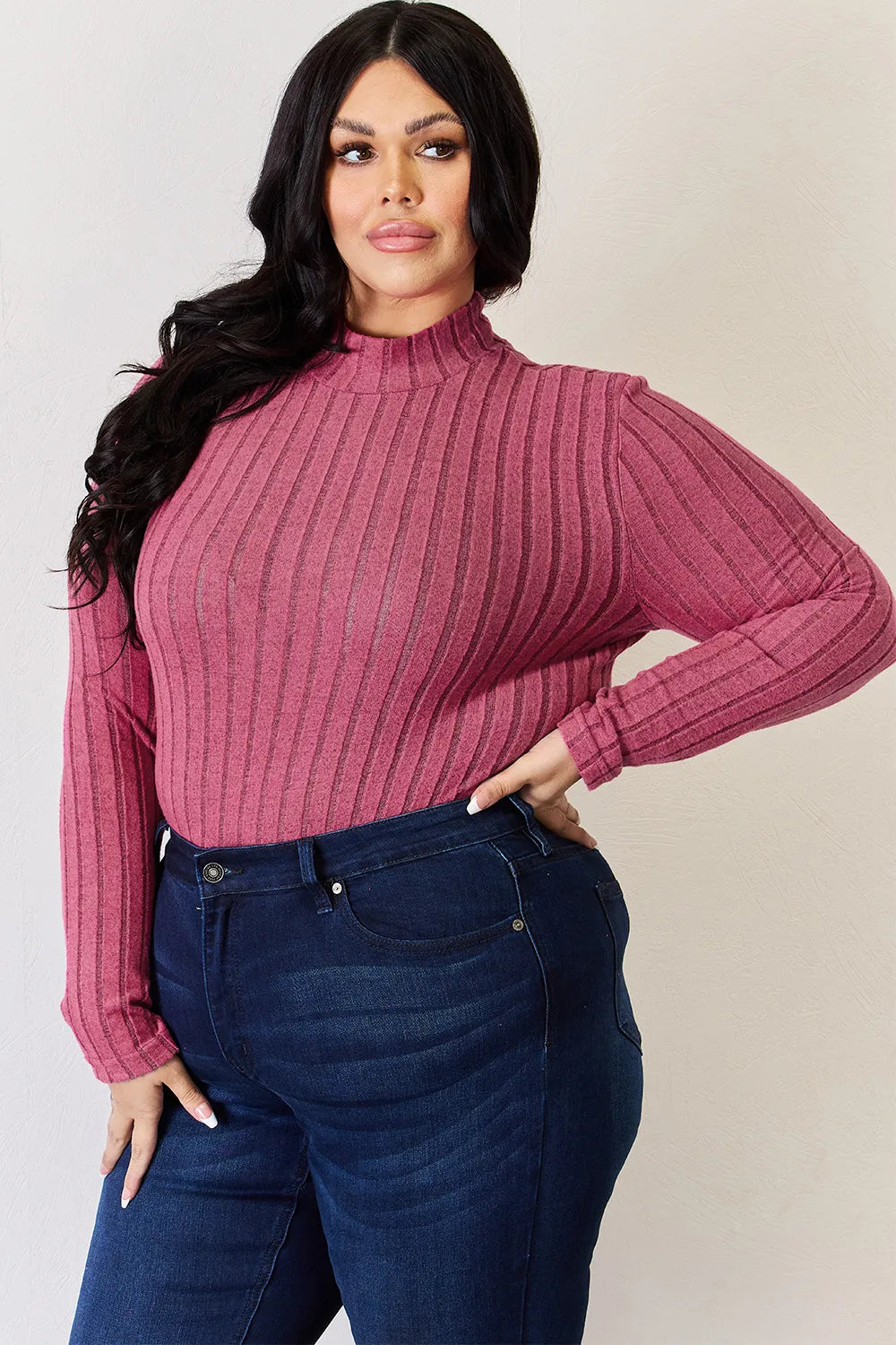 Basic Bae Full Size Ribbed Mock Neck Long Sleeve T-Shirt - Lilixa.store