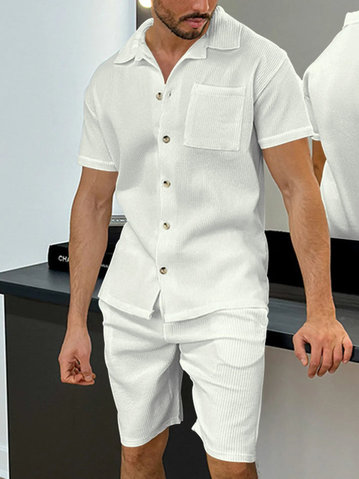 Men's Full Size Button Up Top and Shorts Set Plus Size in White