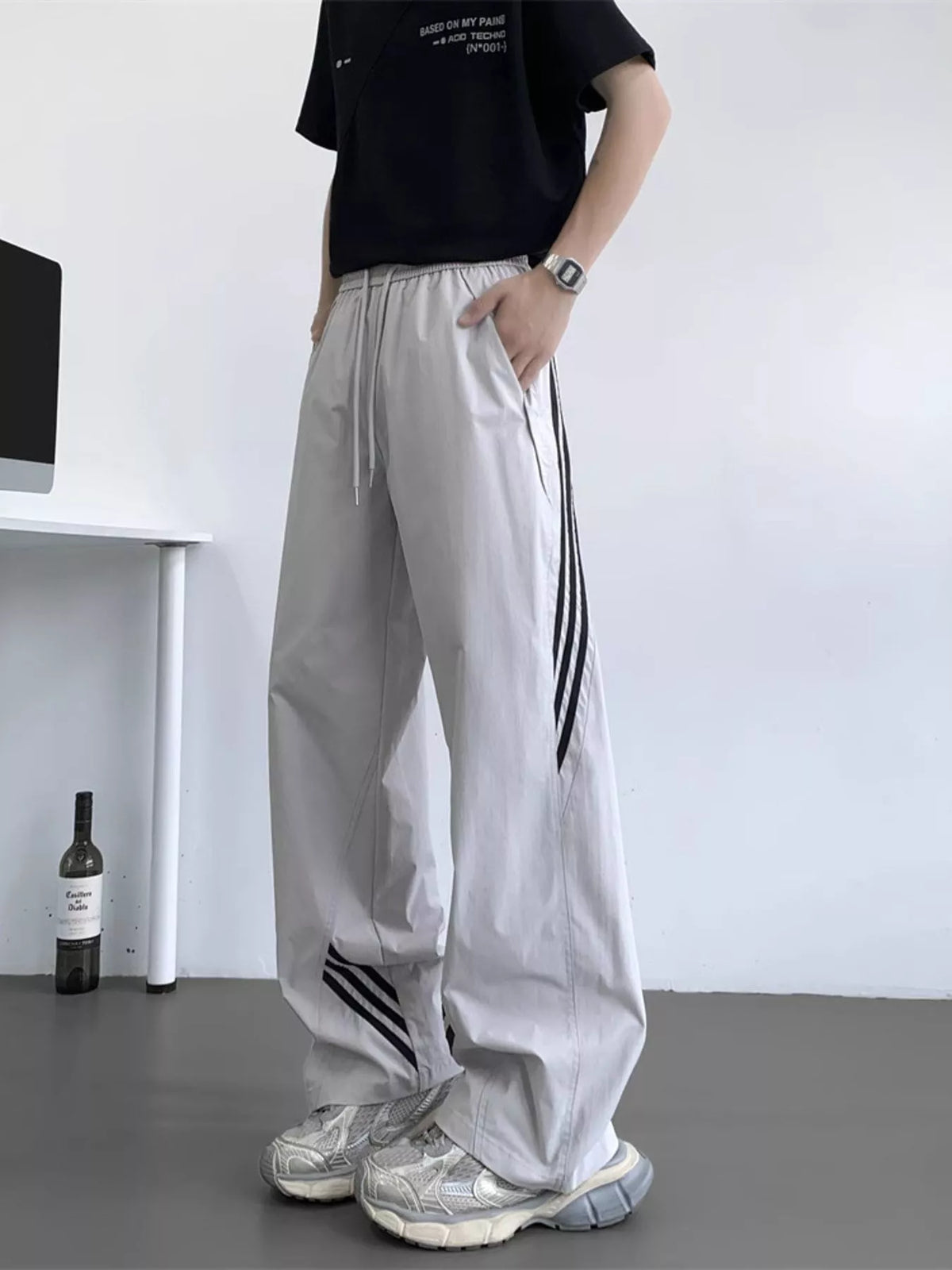 Men's Full Size Striped Wide Leg Pants Plus Size in Light Gray