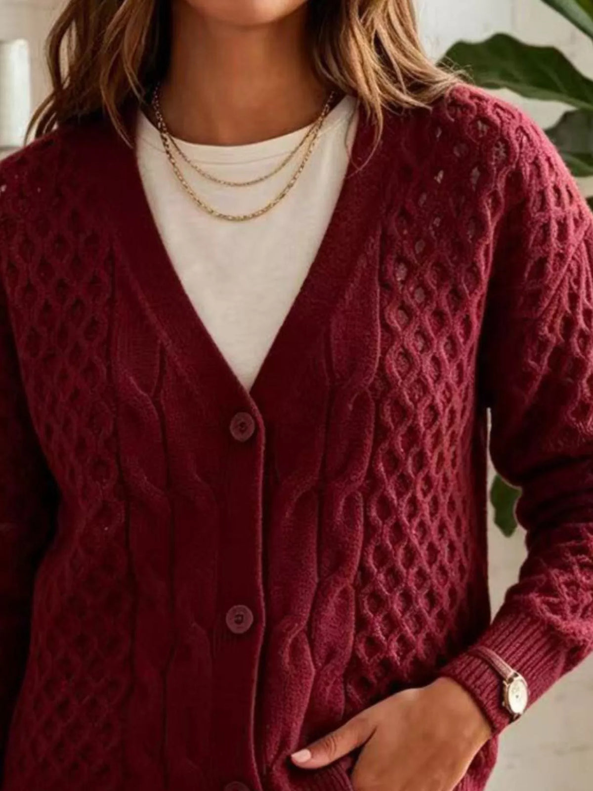 Cable-Knit V-Neck Button-Down Cardigan, view 8