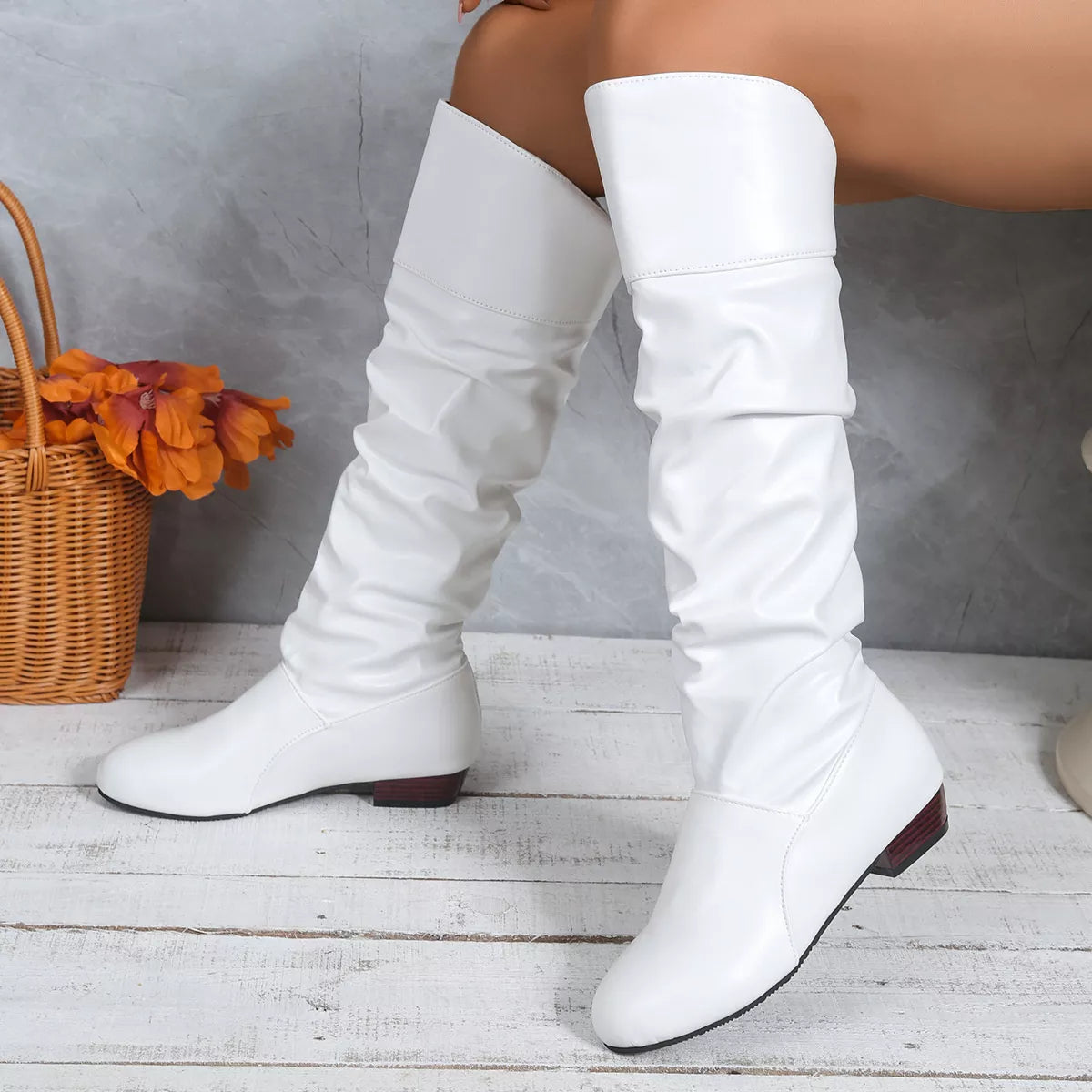 Ruched Knee-High Low Block Heel Boots in White