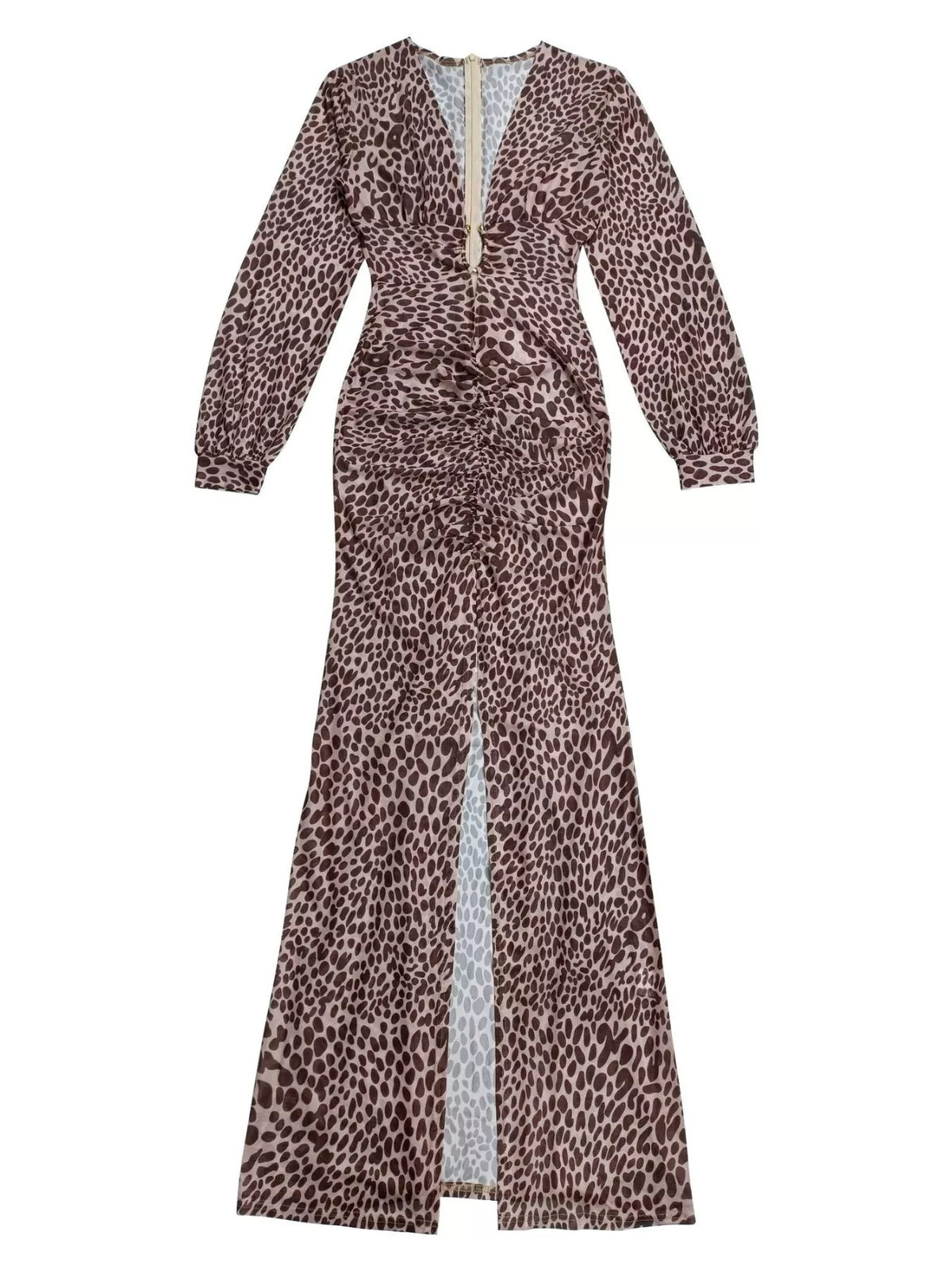Leopard Print Deep V-Neck Long Sleeve High Slit Maxi Dress, view 6