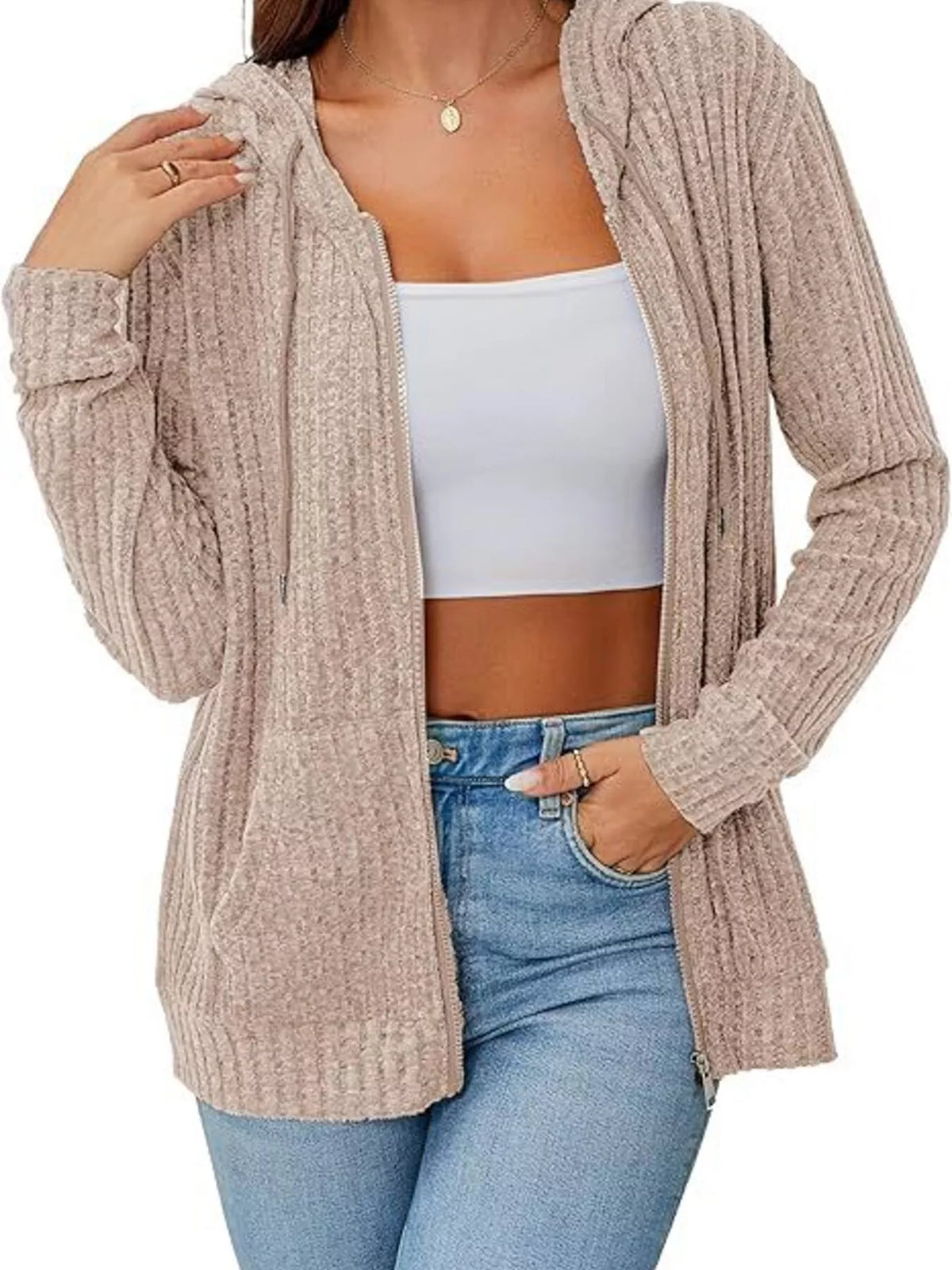 Ribbed Zip Up Hooded Outerwear - Lilixa.store