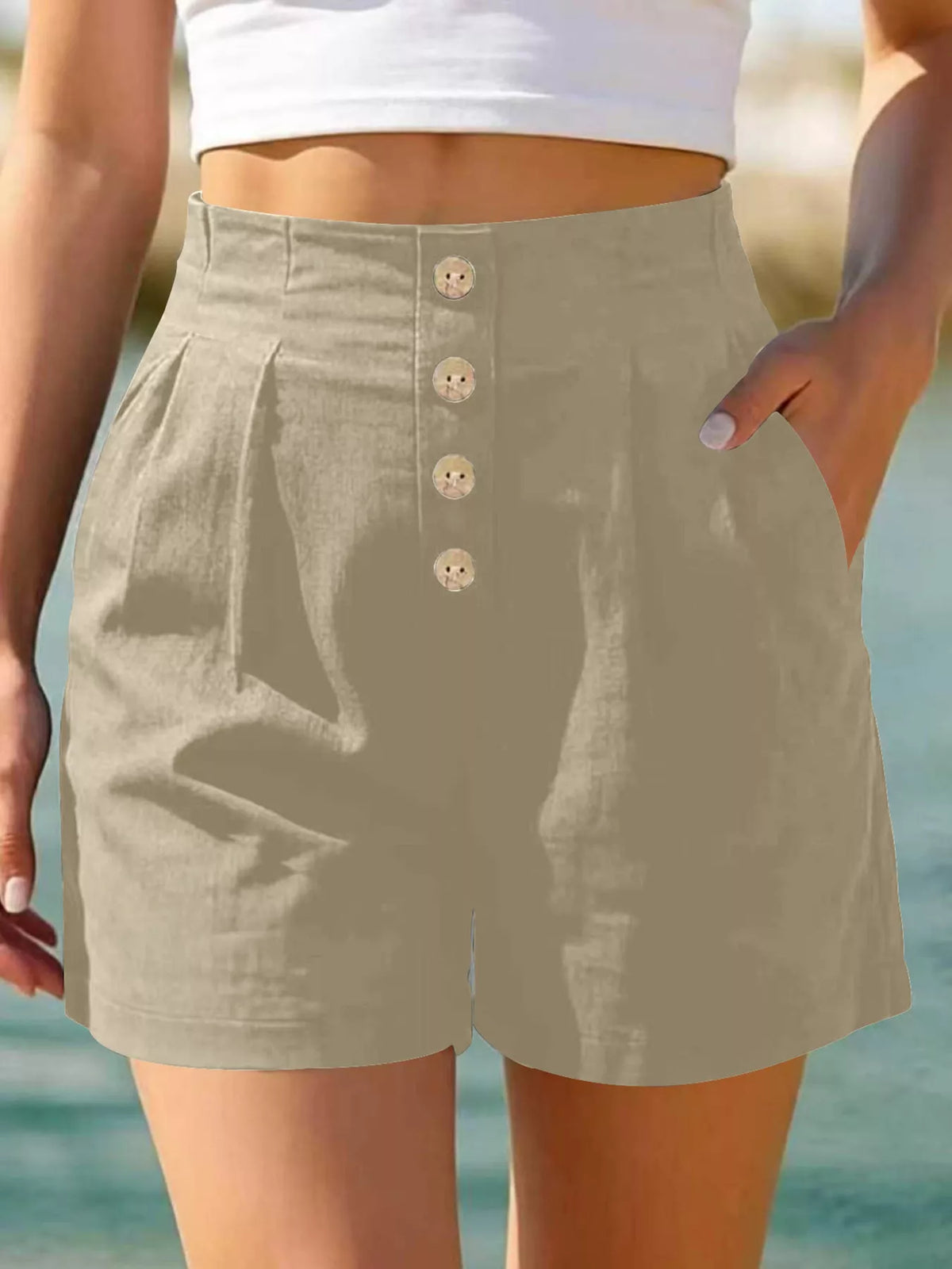 Button Fly High Waist Shorts in Apricot