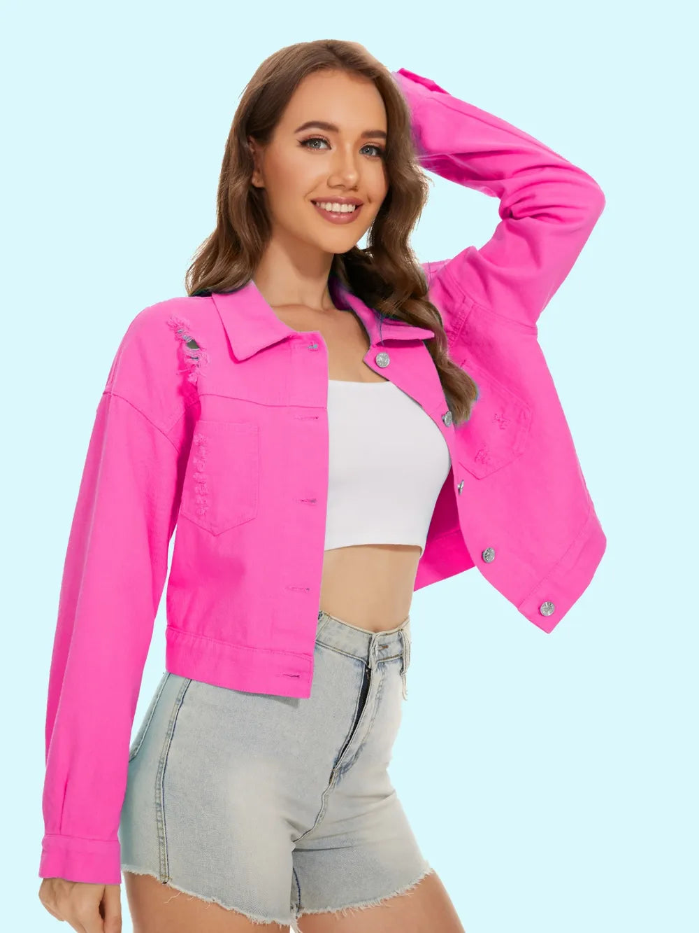 Distressed Distressed Button Up Denim Jacket, view 9