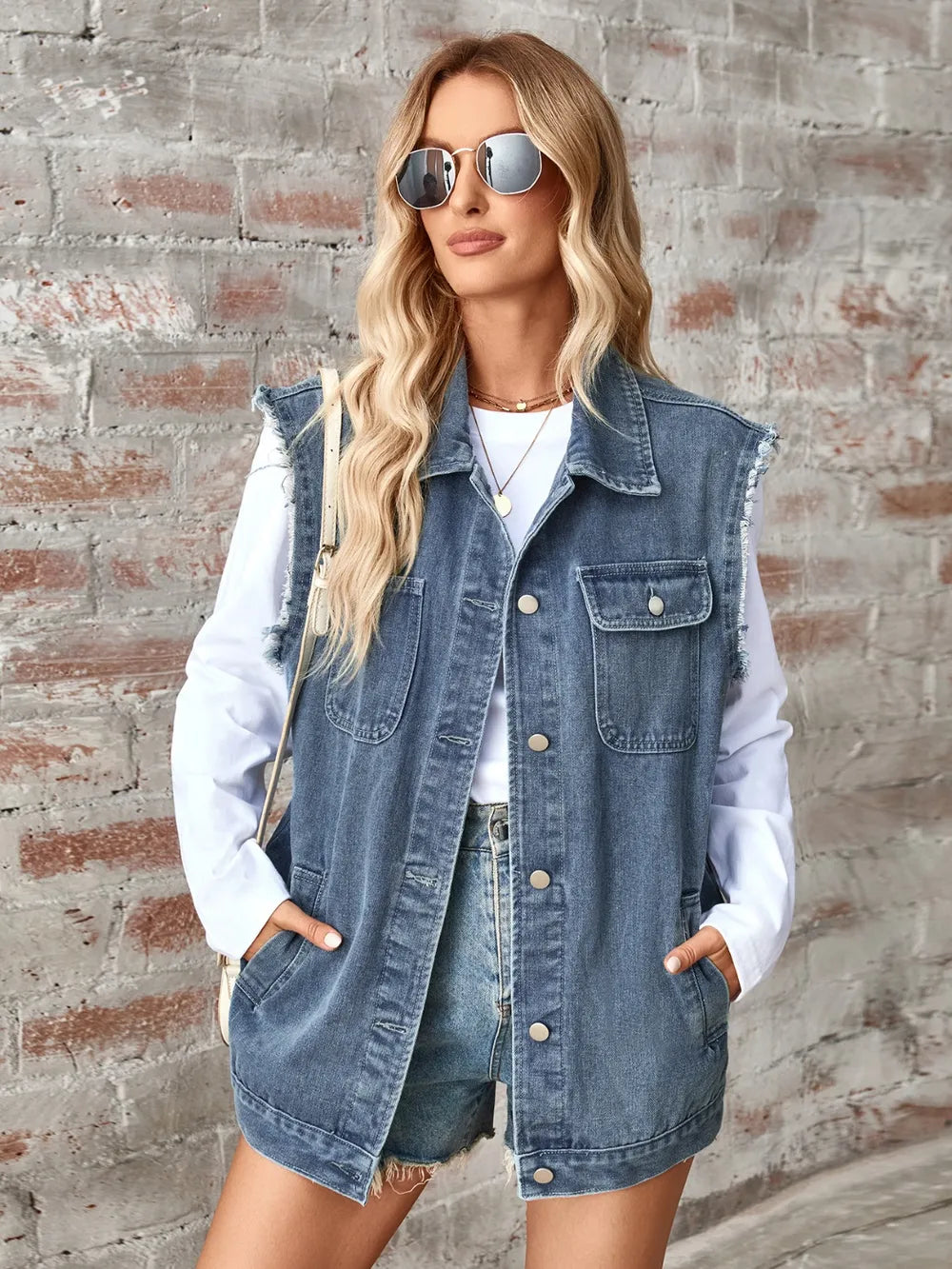 Raw Hem Sleeveless Button Up Denim Jacket in Dusty Blue