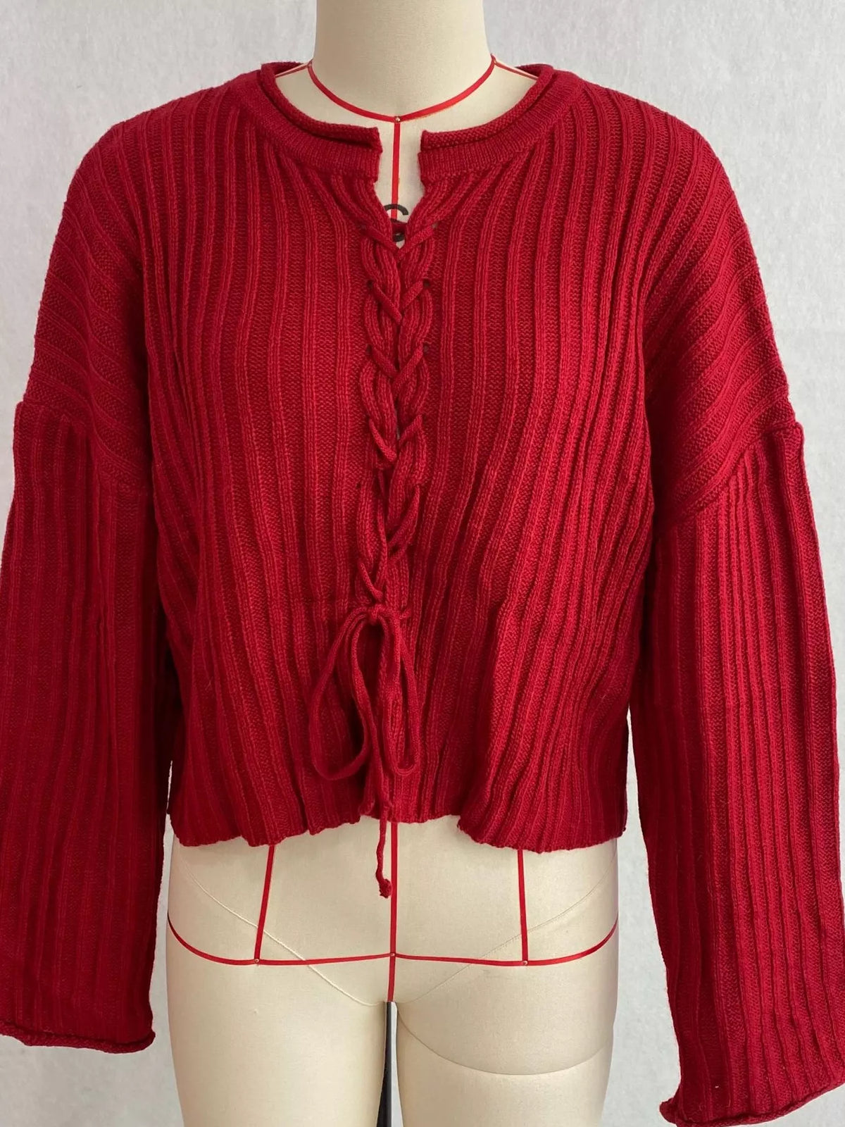 Ribbed Lace-Up Crop Sweater, view 11