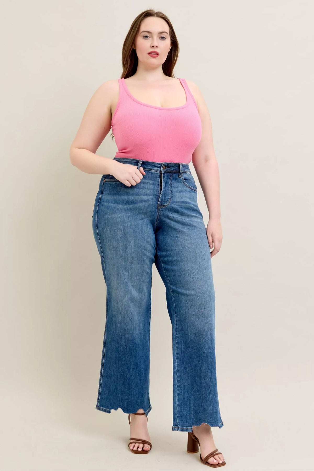Judy Blue Full Size High Waist Tummy Control Chew Hem Destroy Wide Jeans Plus Size - Lilixa.store