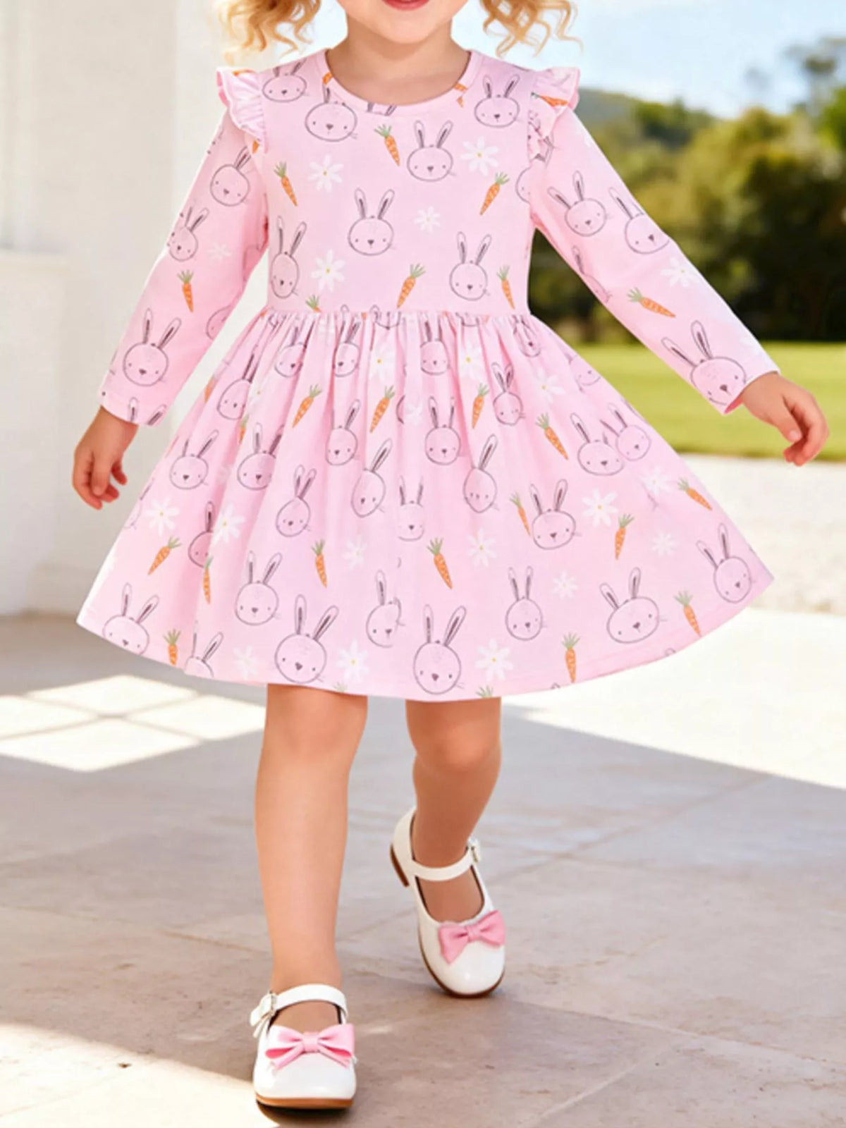 Children's Bunny and Carrot Print Ruffle Sleeve A-Line Dress - Lilixa.store