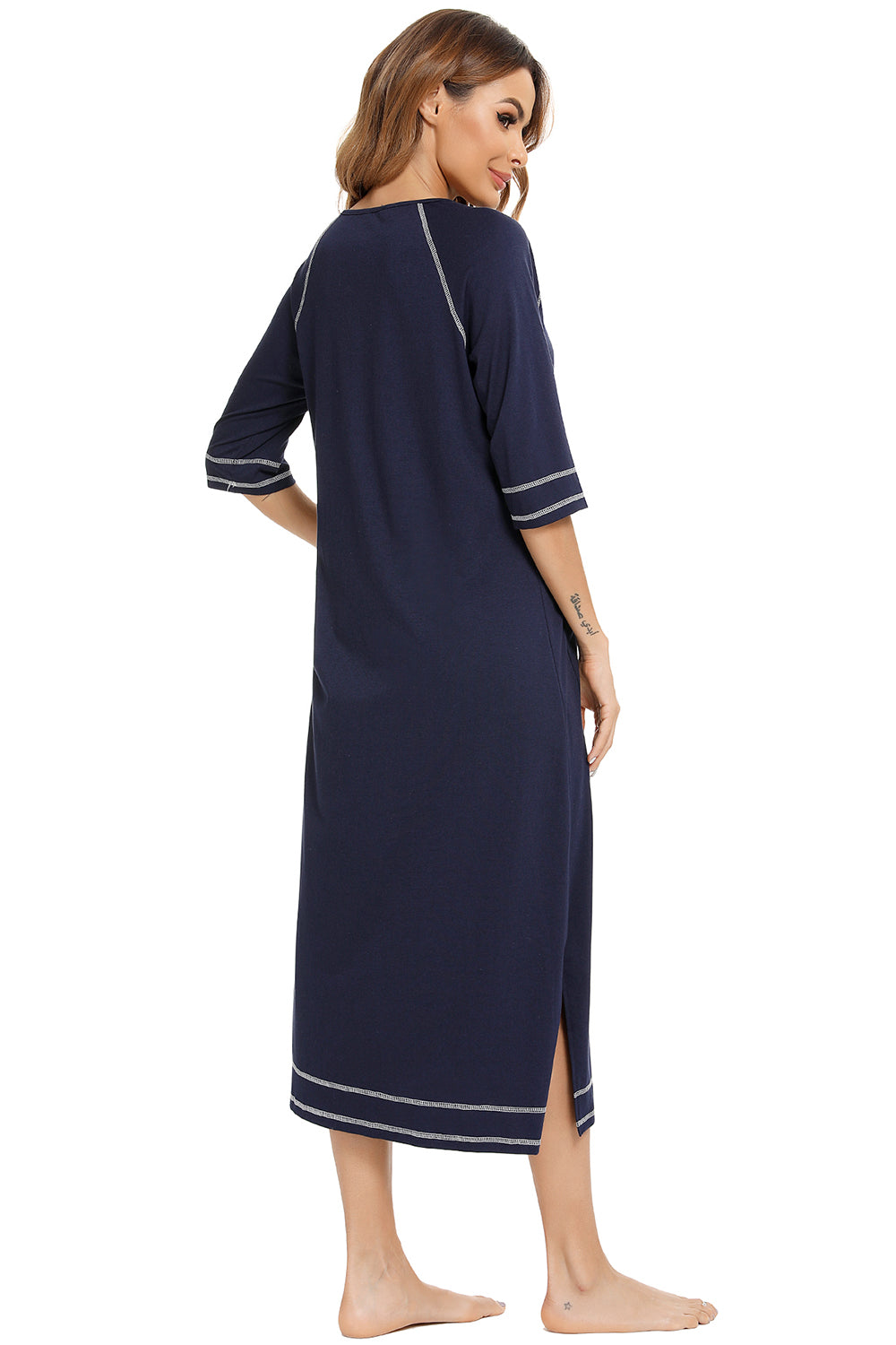 Zip Up Slit Round Neck Night Dress with Pockets - Lilixa.store