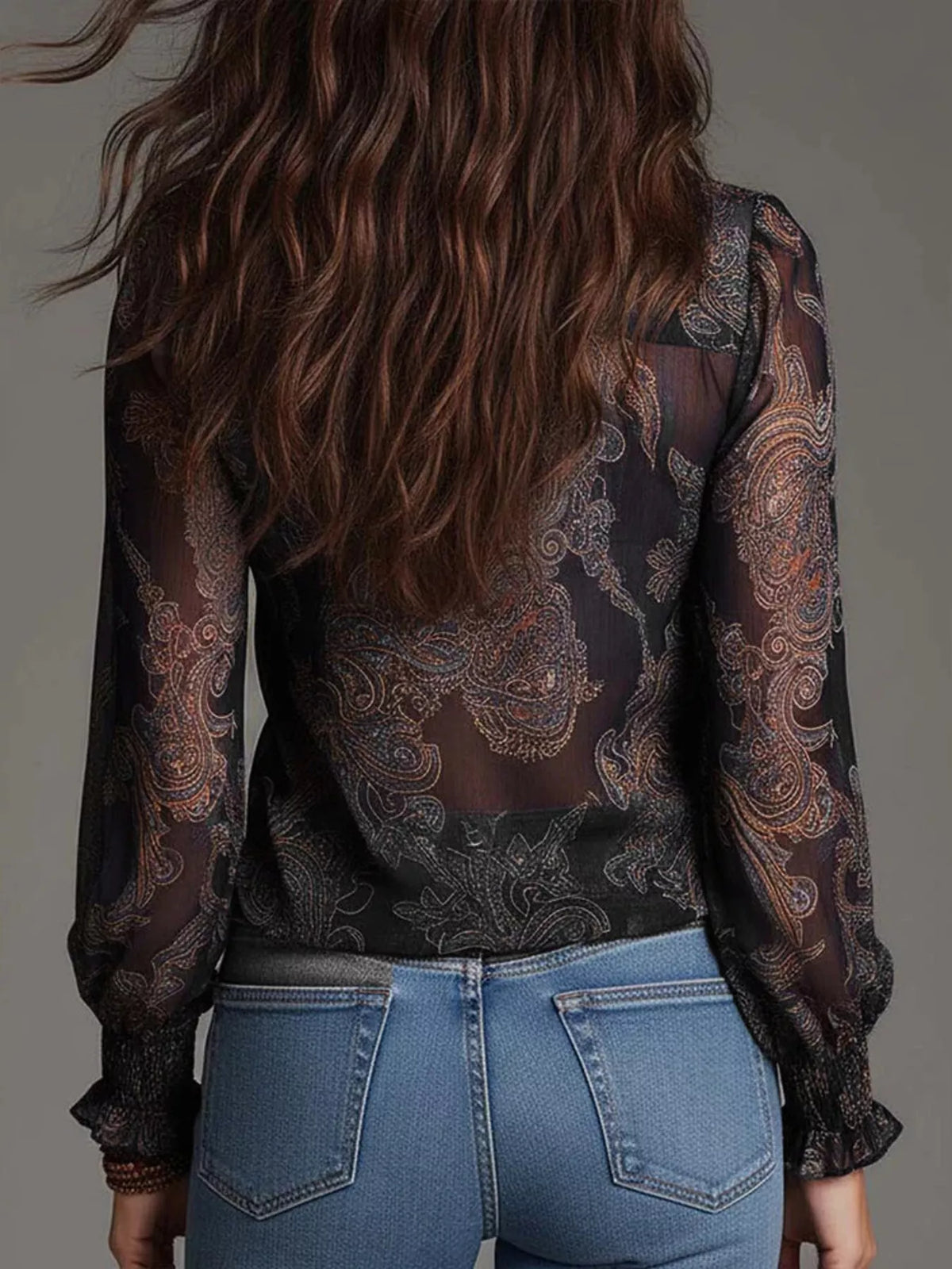 Full Size Paisley Print Ruffle Trim Zip-Front Blouse Plus Size, view 12