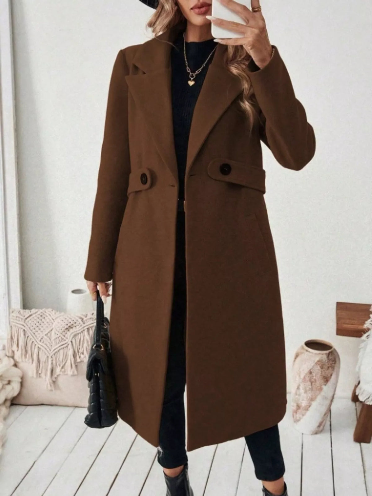 Full Size Elegant Lapel Collar Belted Coat with Pockets Plus Size in Brown